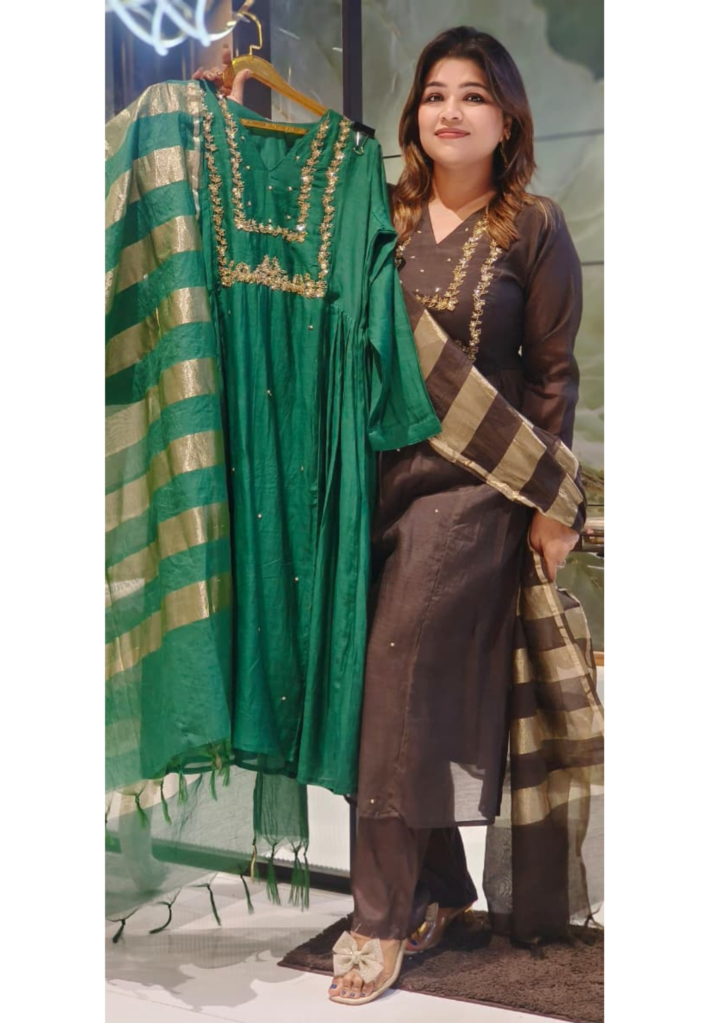 Golden Zari Line Solid A-Line Full Suit Set With Dupatta In Mul Chanderi Fabric-12508