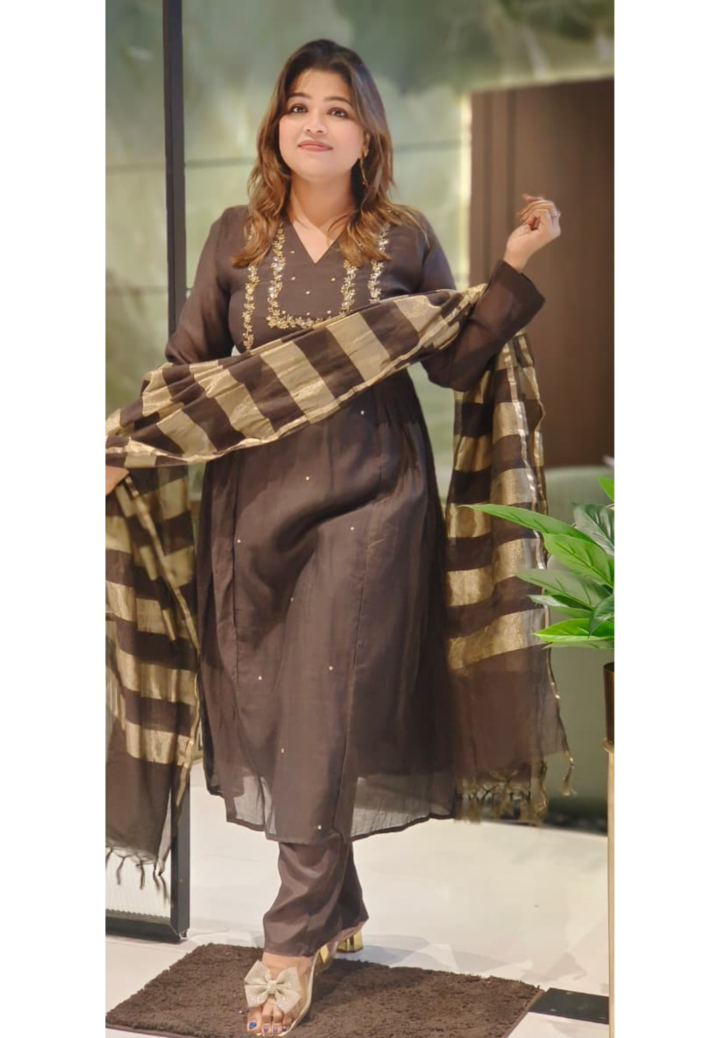 Golden Zari Line Solid A-Line Full Suit Set With Dupatta In Mul Chanderi Fabric-12508