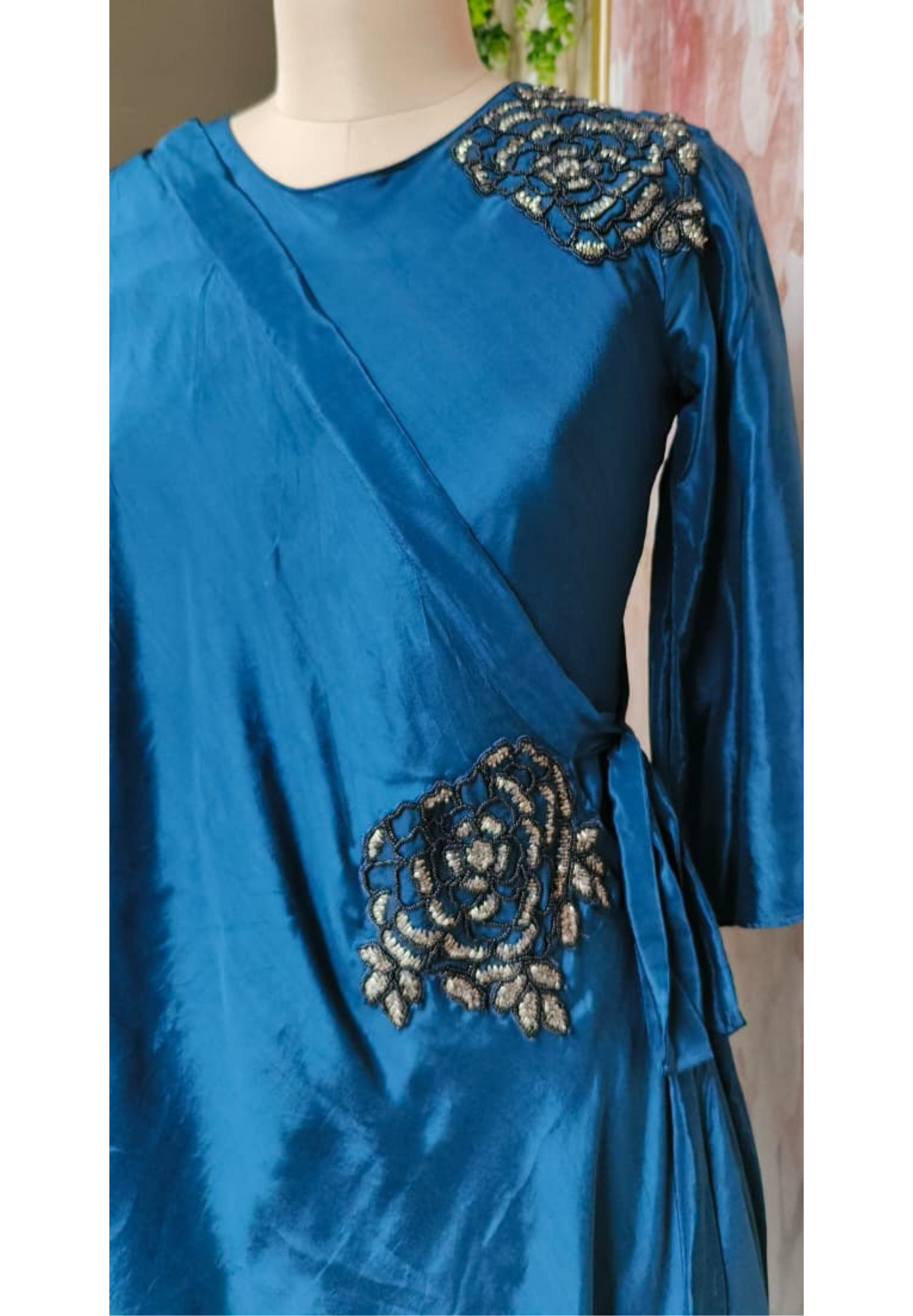 Elite Navy Blue Embellished Crepe Indo Western Dress With Draped Layer and Detailed Floral Work