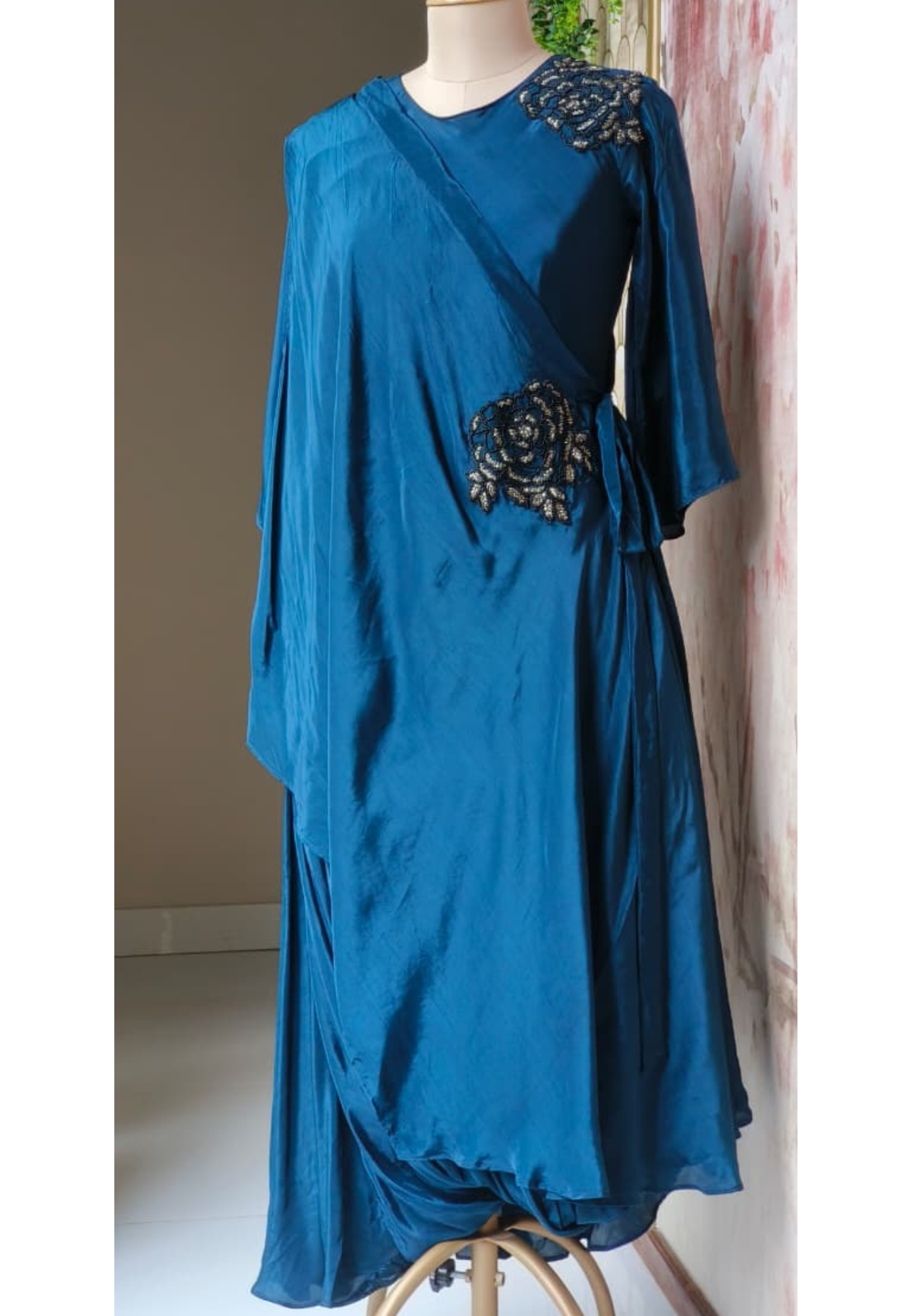Elite Navy Blue Embellished Crepe Indo Western Dress With Draped Layer and Detailed Floral Work