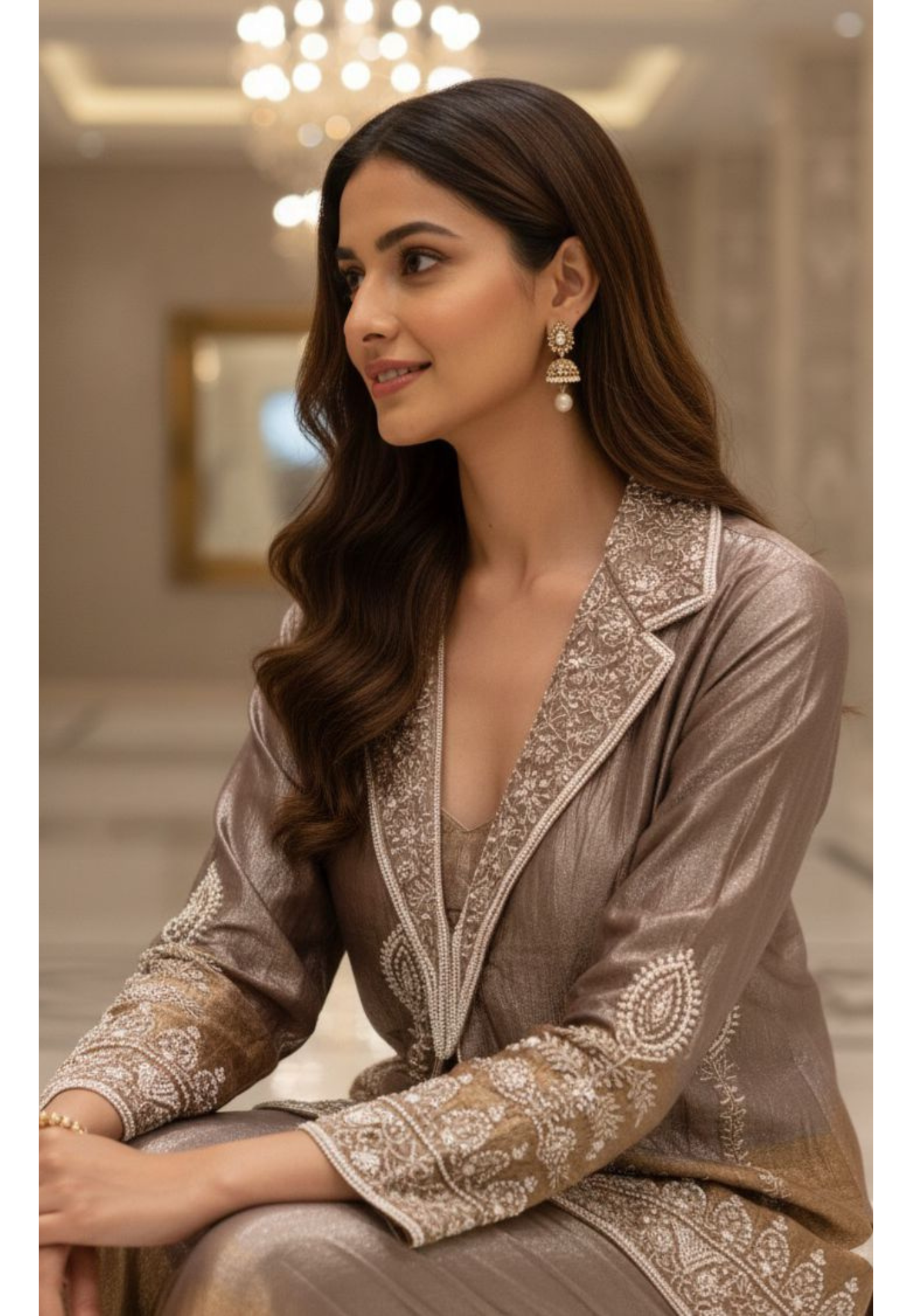 Premium Tissue Heavy Handwork Pearl Line Collared Double Tone Jacket With Buster & Loose Bottom- 123176