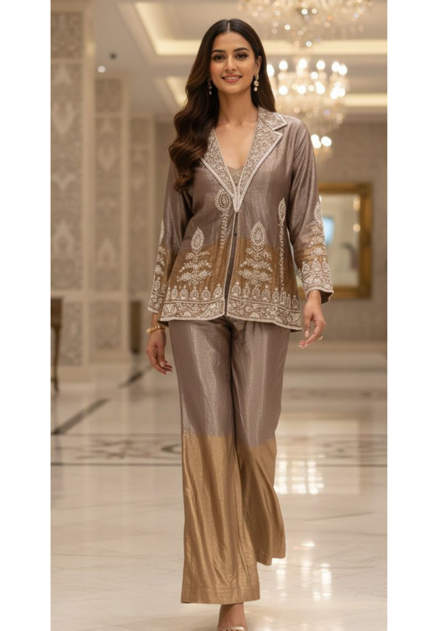 Premium Tissue Heavy Handwork Pearl Line Collared Double Tone Jacket With Buster & Loose Bottom- 123176