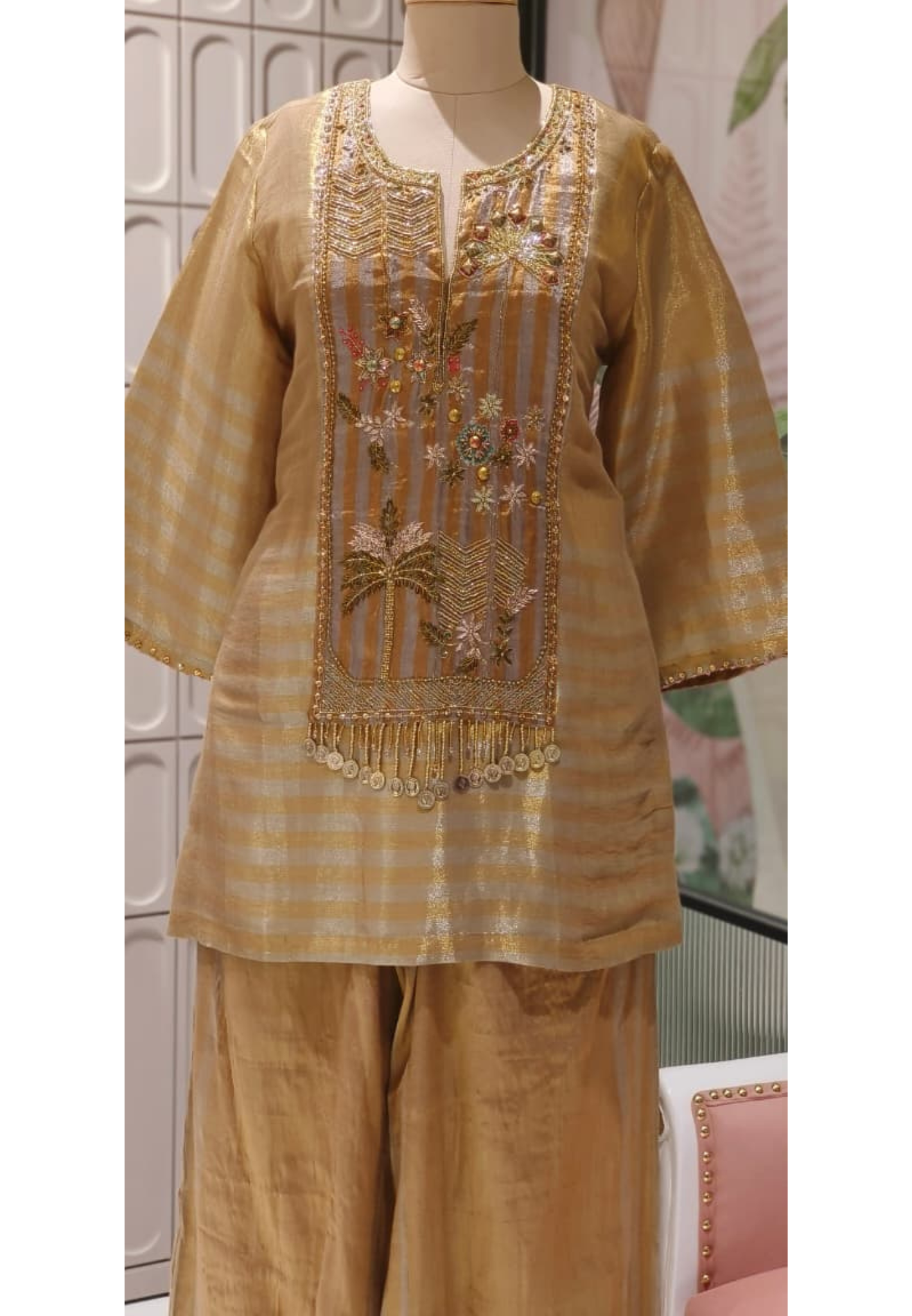 Luxe Premium Tissue Fabric Hand Worked Tasseled Striped Golden Kurta With Loose Bottom- 12384