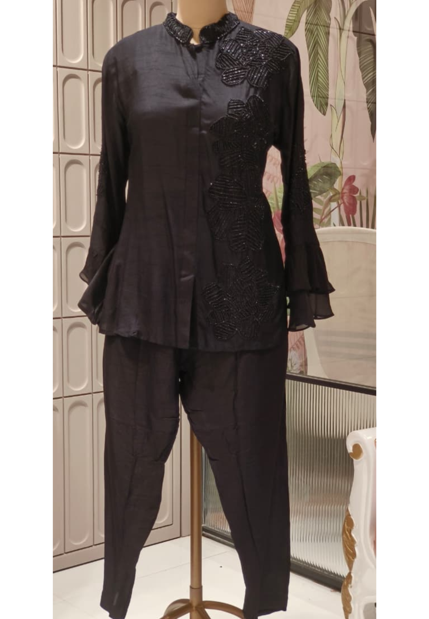 Complete Cut-Dana Floral Embroidery Mandarin Collar Ruffled Sleeve Solid Co-Ord Set- 12396