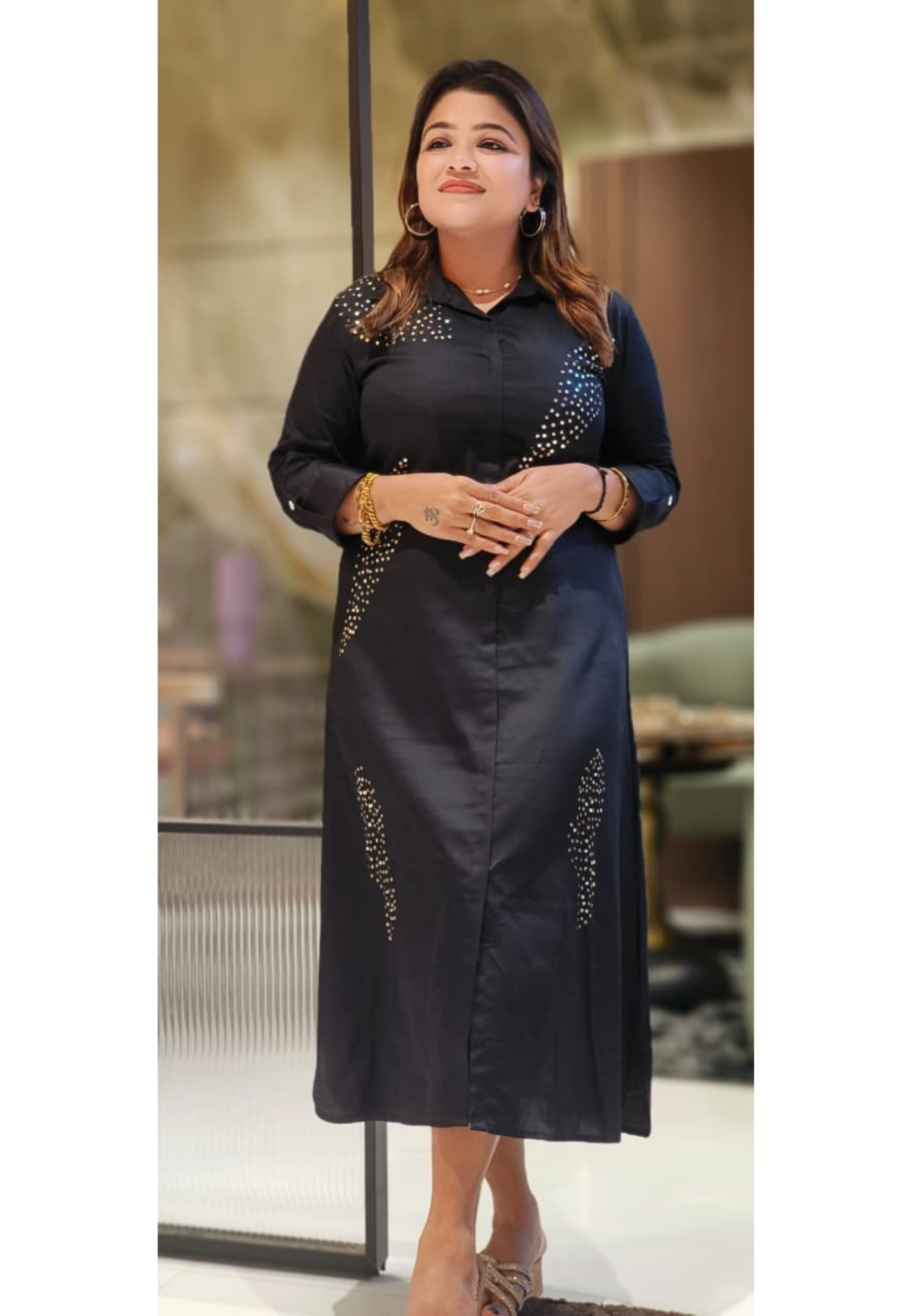 Premium Glaze Cotton Collar Style Shirt Dress With Sparkling Studded Detailing On Front and Sleeve-12781