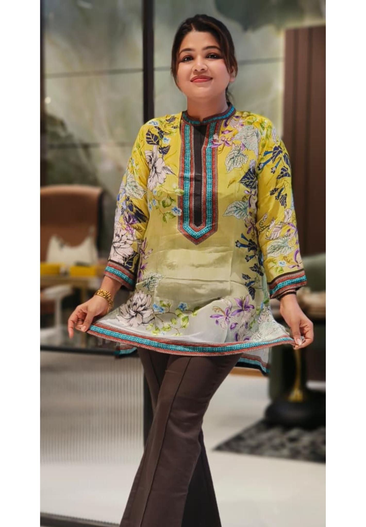 Digital Floral Meadow Beautiful Neckline Vibrant Crepe Short Kurti Only- 12740