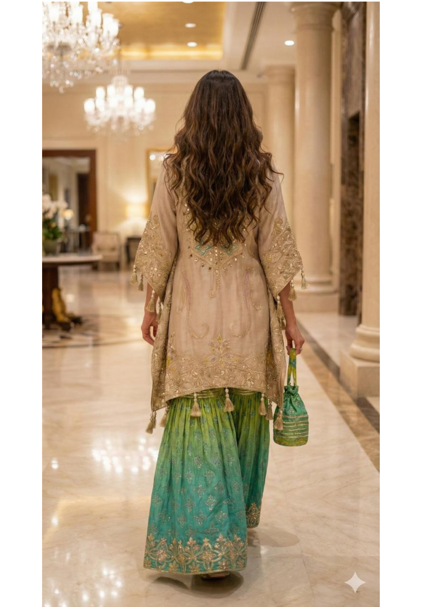 Real Mirror With Gotta Work Golden Finishing Lace With Golden Tassel Kaftan With Gotta & Lace Layered Vibrant Sharara Bottom & Potli- 12492