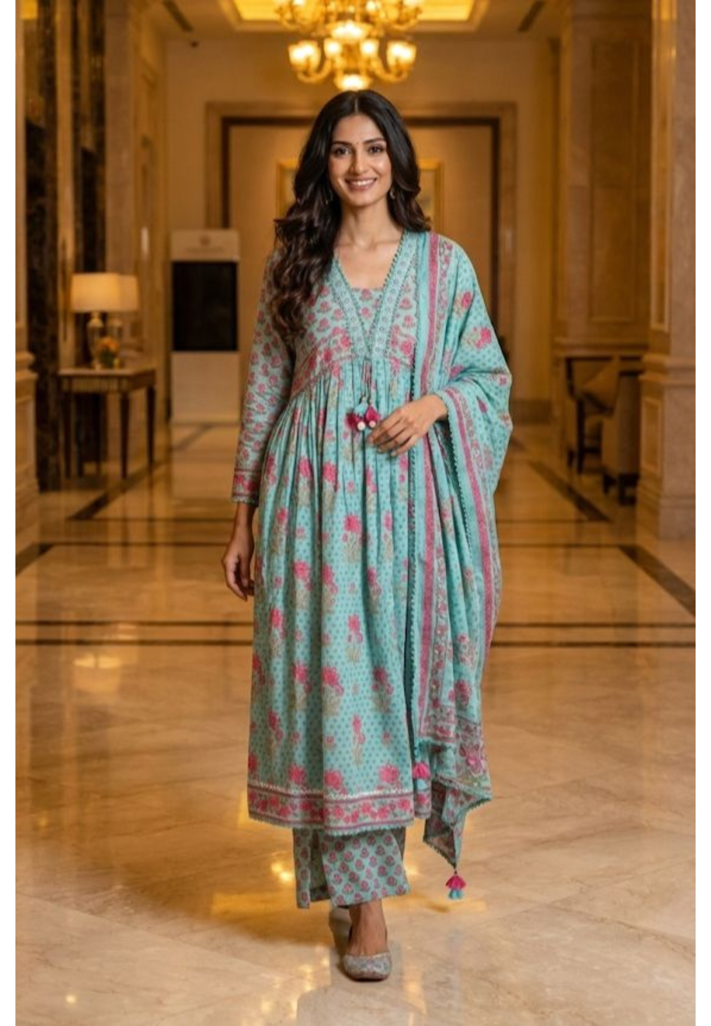 Crosia Lace V-Neck Tassel Floral Printed Cotton Anarkali Full Suit Set With Dupatta- 11793