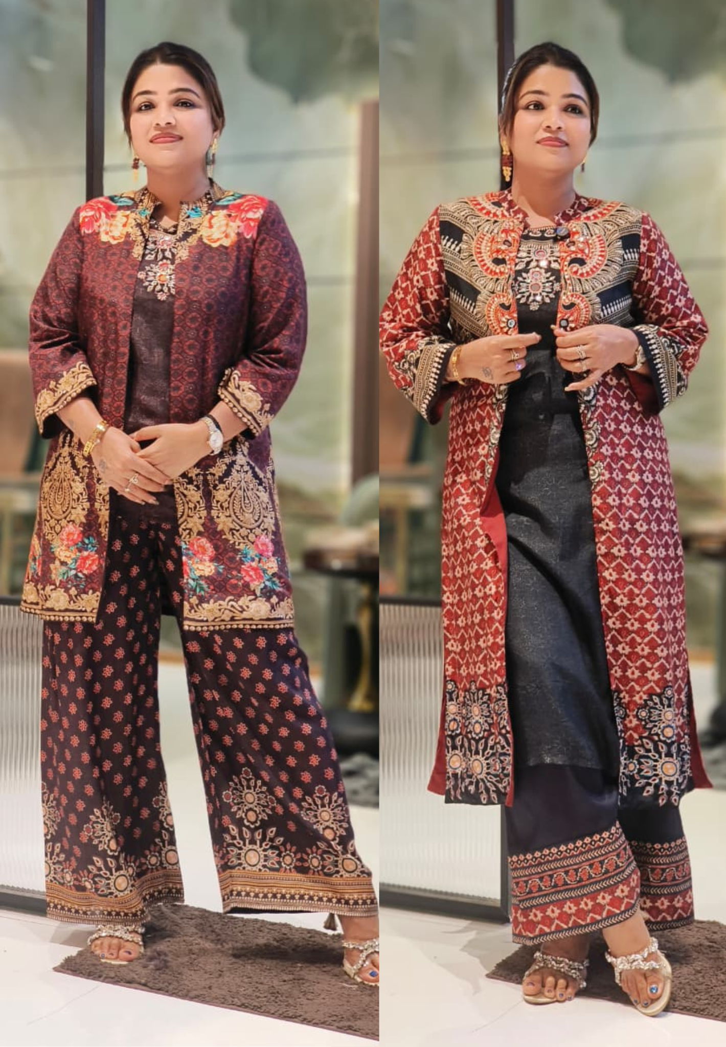 Traditional Ajrakh-Inspired Printed Long Shrug With Contrast Black Inner With Loose Palazzo Set In Russian Silk Fabric-12800,12801