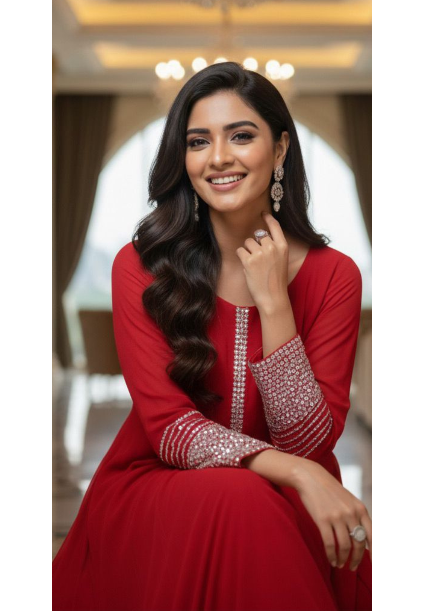 Chinon Anarkali Tiny Shimmery Sequin Work In Neck & Sleeve Borders Full Suit Set With Dupatta