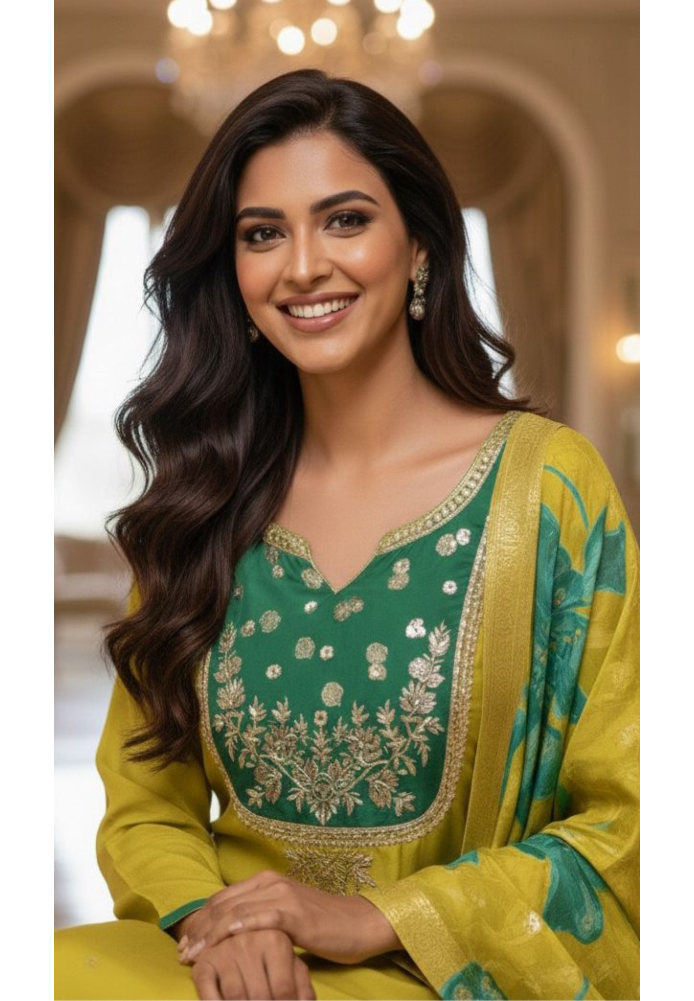 Silk Vibrant Golden Zari Yoke Double Tone Full Suit Set With Leafy Printed Dupatta