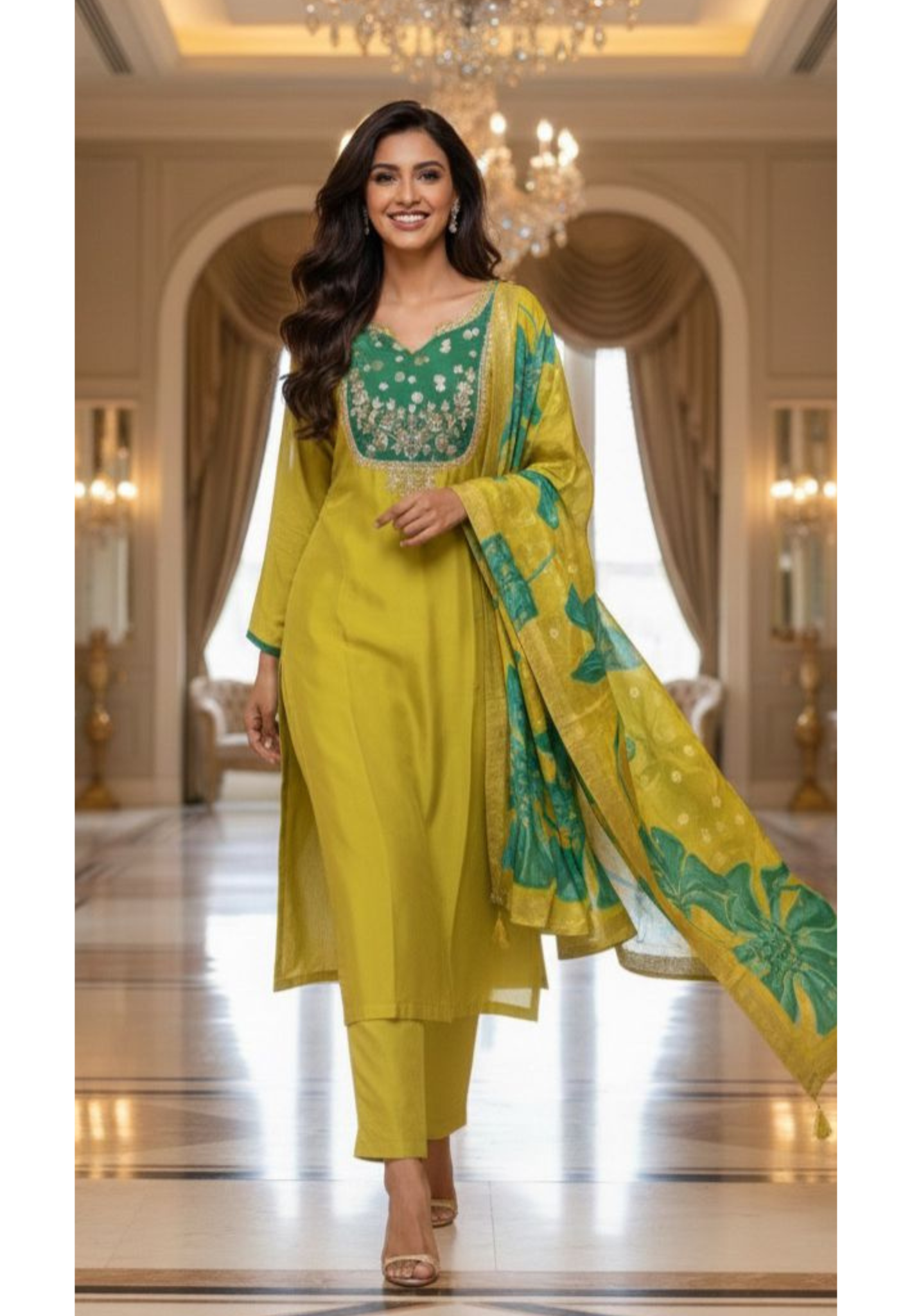 Silk Vibrant Golden Zari Yoke Double Tone Full Suit Set With Leafy Printed Dupatta