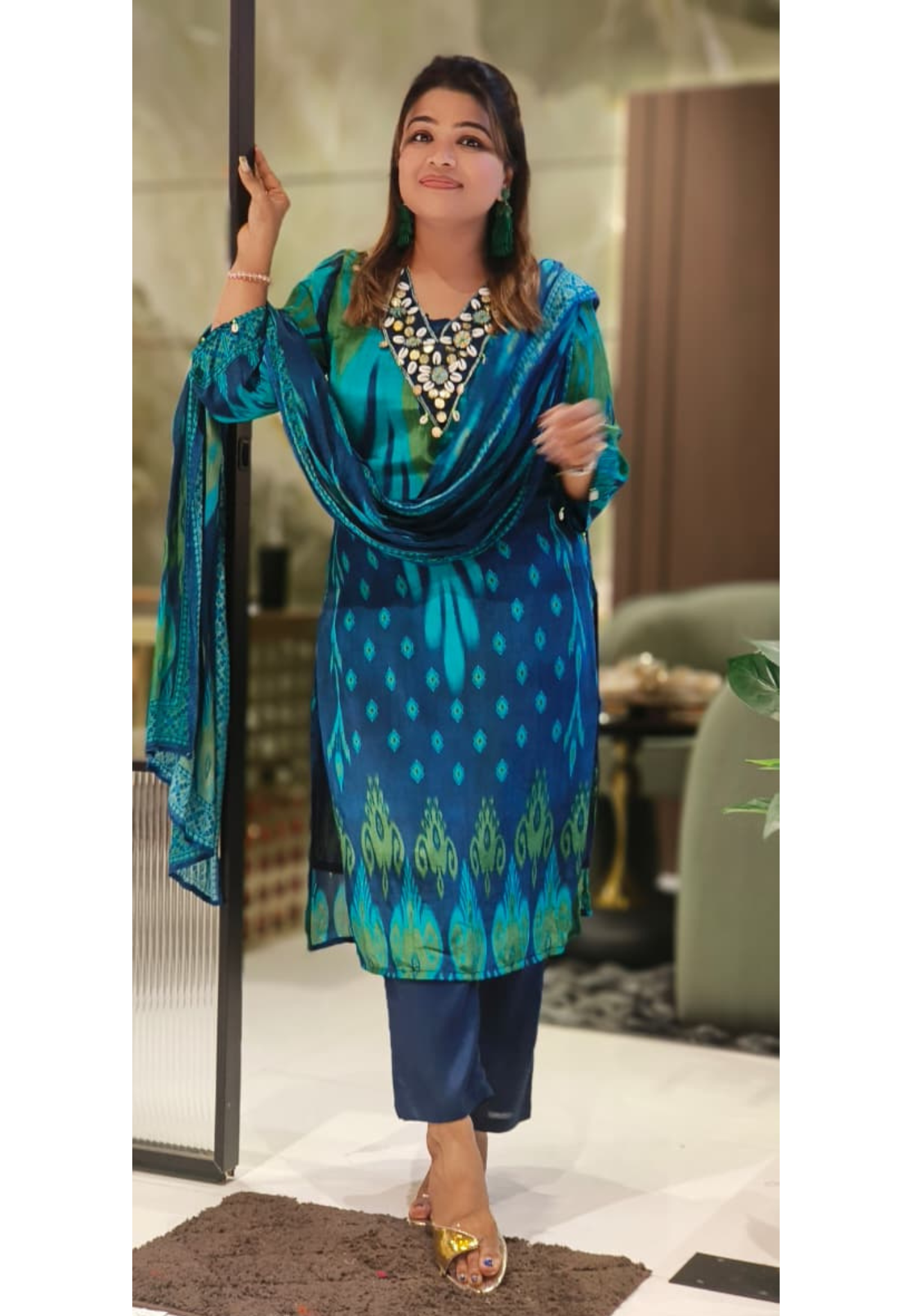 Tiny Shell V-Neck Ikkat Elegance Crepe Full Suit Set With Dupatta-12807