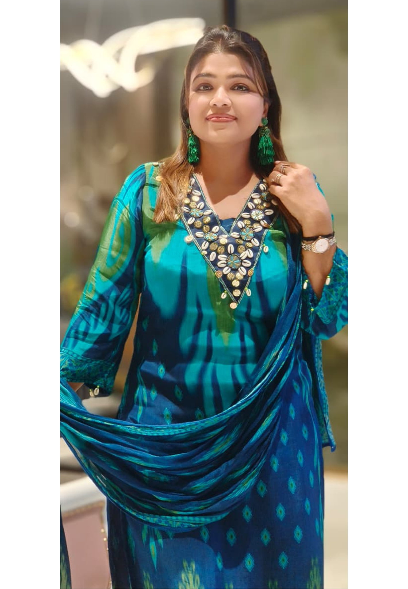 Tiny Shell V-Neck Ikkat Elegance Crepe Full Suit Set With Dupatta-12807