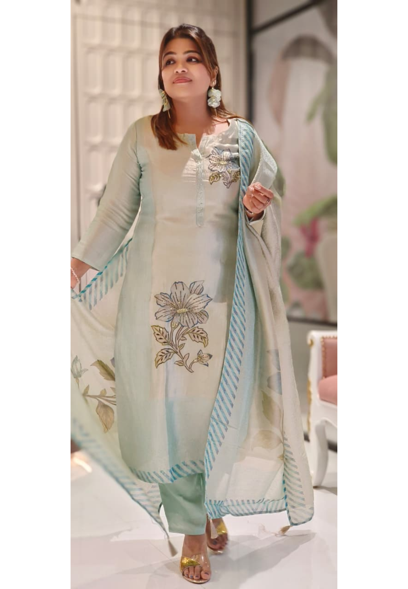Soft Tone Digital Printed Floral Striped Bottom Full Suit Set With Dupatta In Tissue Jaamdani Fabric