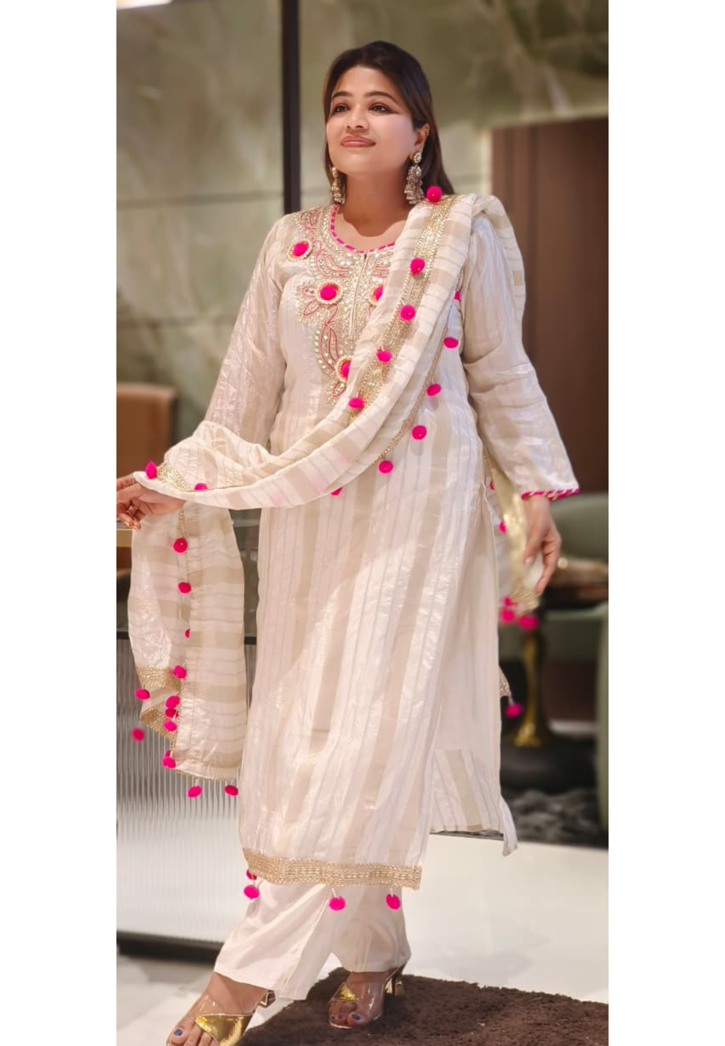 Gotta Work Very Beautiful Front Yoke Golden Striped Full Suit Set With Pom-Pom Dupatta In Tissue Fabric-