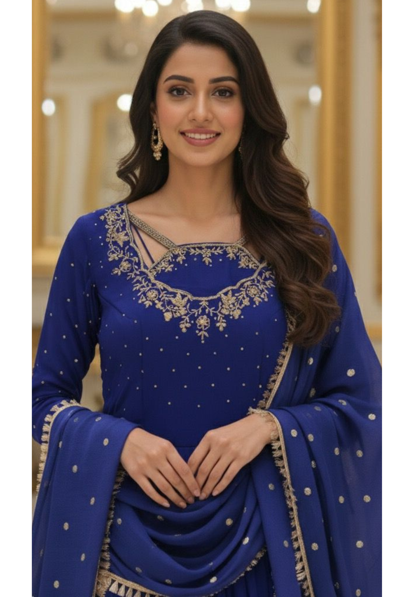 Premium Georgette Heavily Golden Handwork Rein-Drops Stoned Anarkali Full Suit Set With Bordered Dupatta