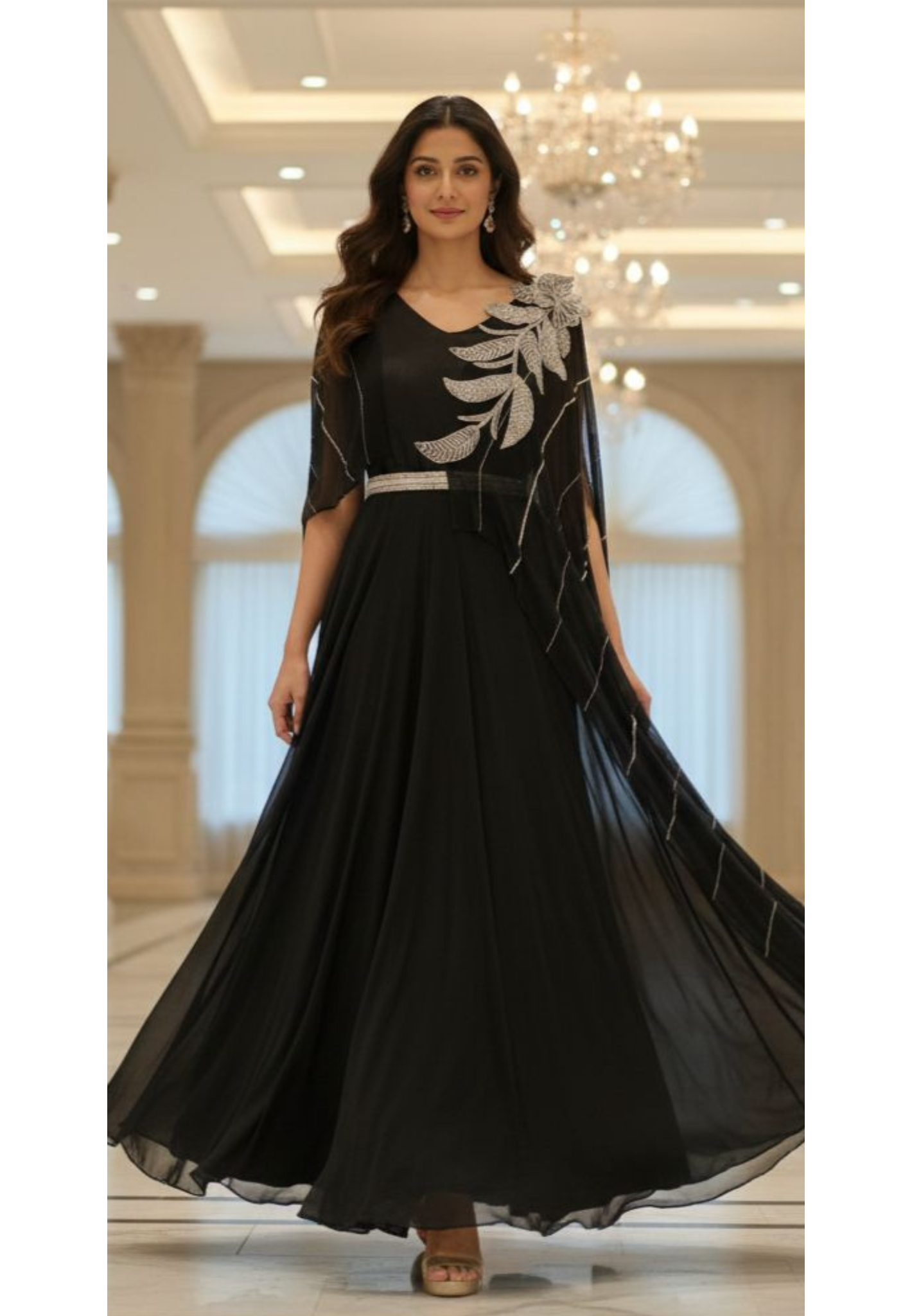High Low Zarmin Silver Touch Attached Cape With Gown & Separate Belt- 12683