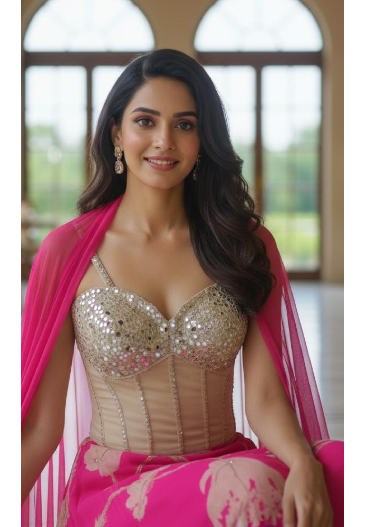 Soft Blush Regal Real Mirror Ivory Blouse With Flared Skirt & Dupatta- 10023