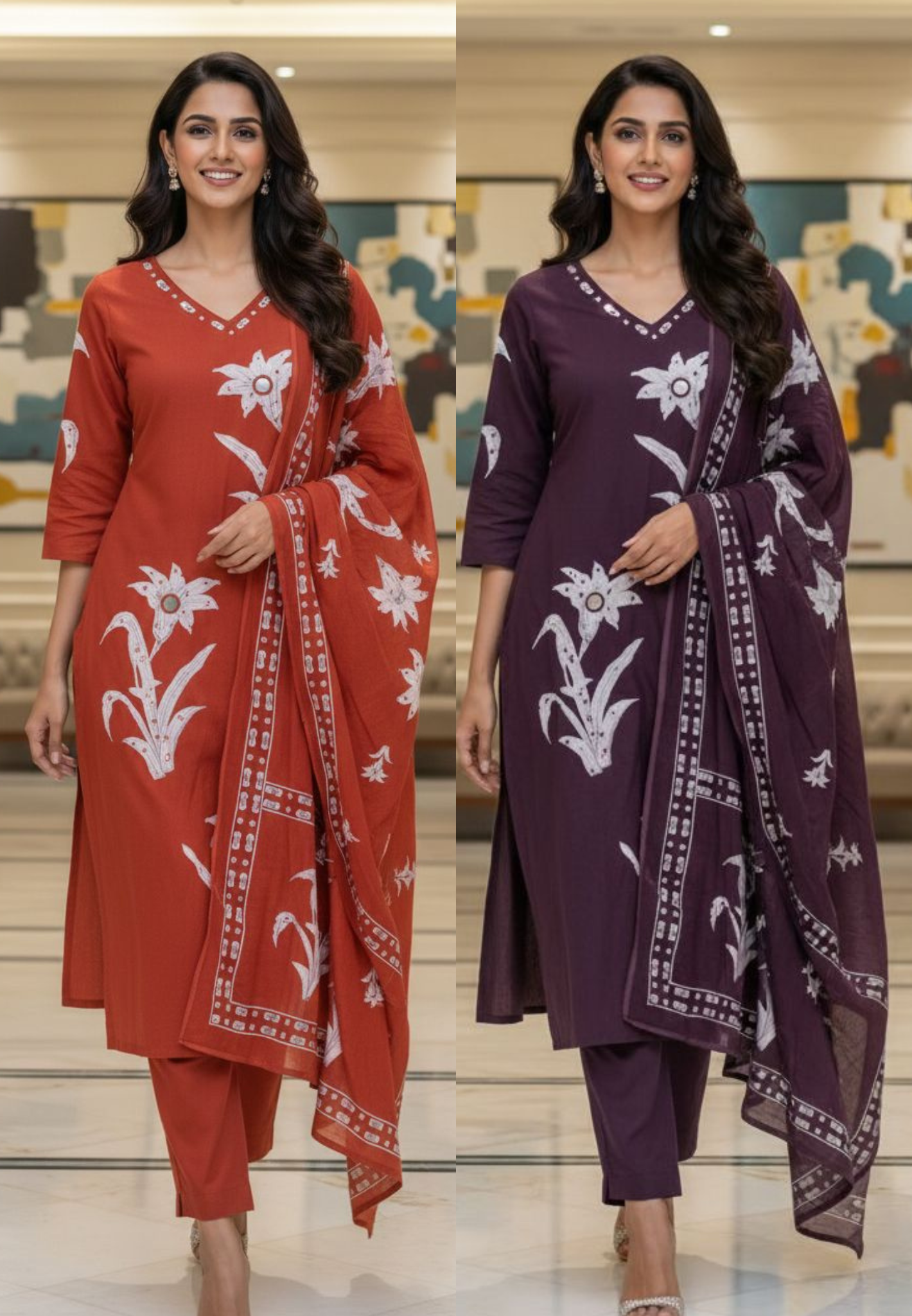 Foil Mirror Printed Straight Cotton Full Suit With Matching Dupatta & Bottom- 12991