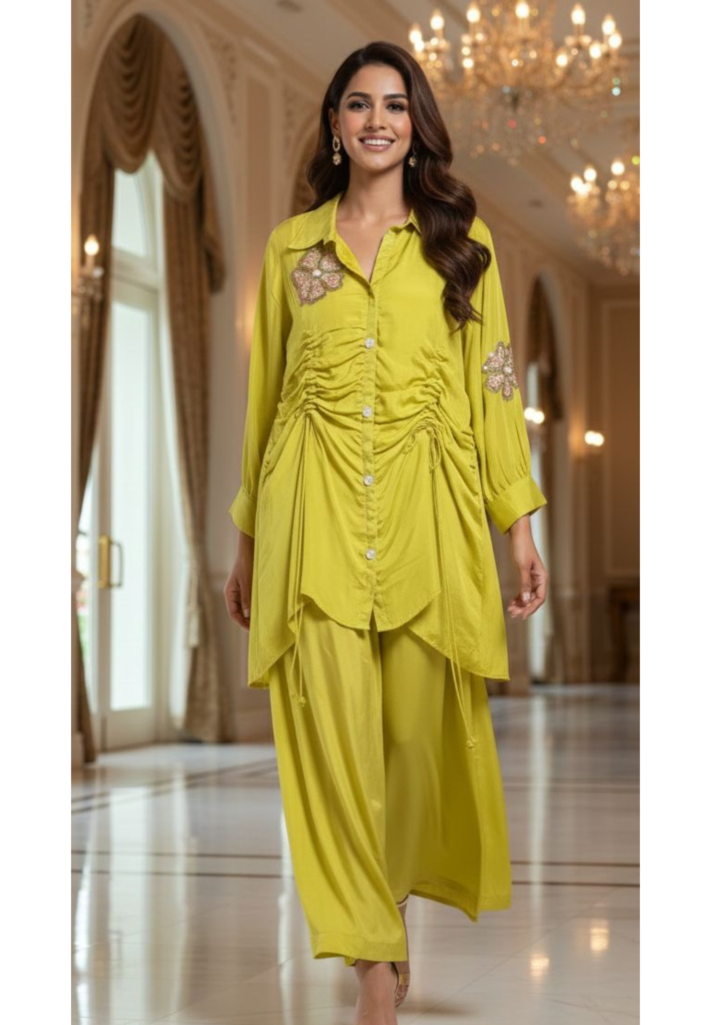 Very Fancy Look Pleated Flower Work Co-Ord Set In Organza Fabric- 12916