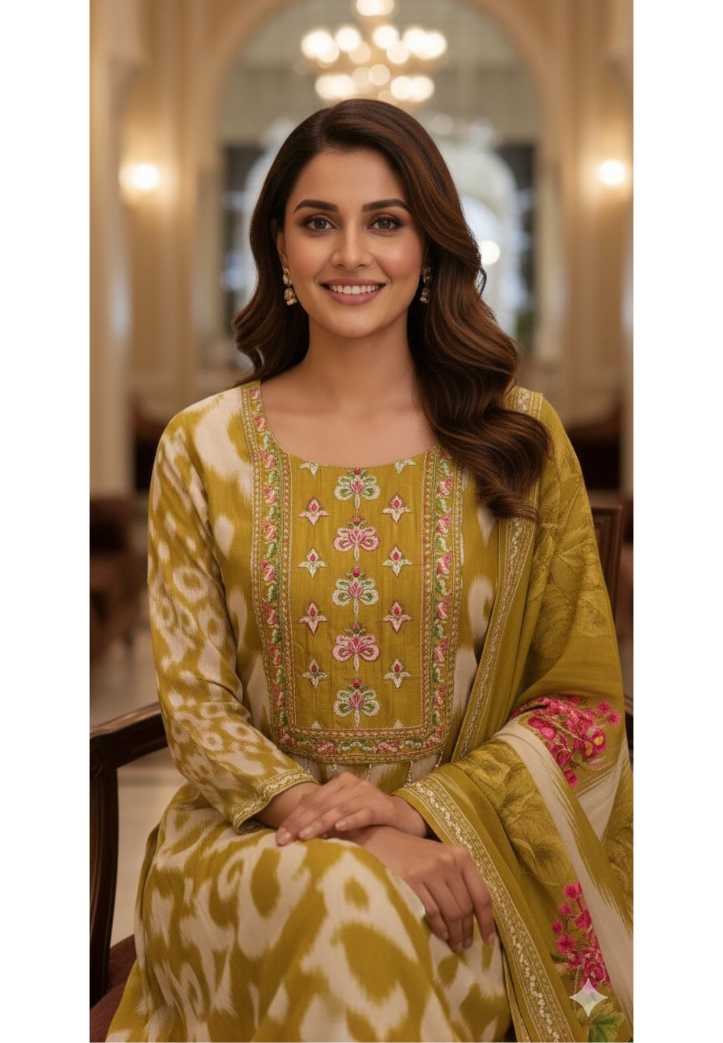 Russian Silk Multicolor Yoke With Tassel Printed A-Line Full Suit Set With Dupatta- 12958