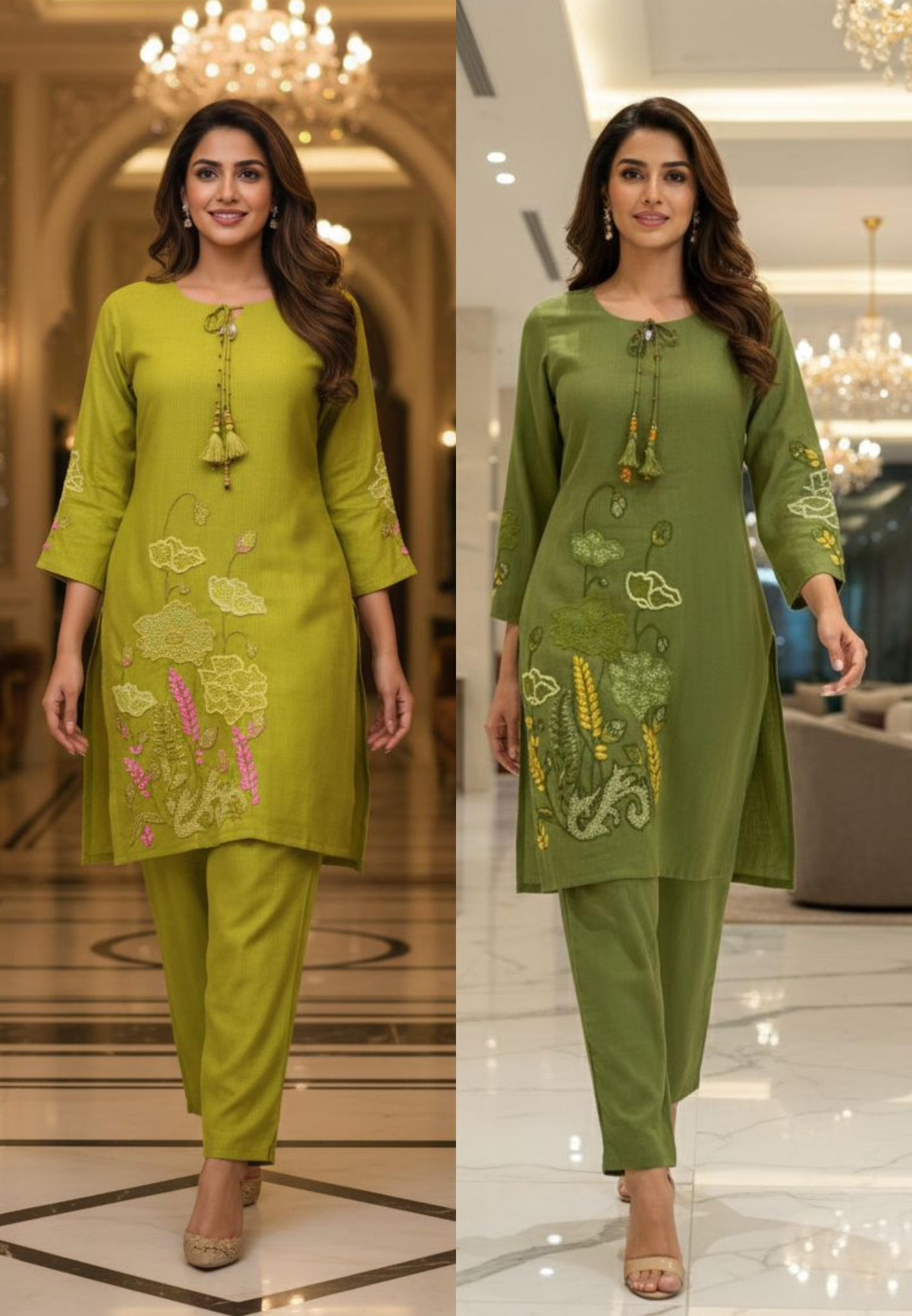 Katha Stitch Kind Embroidered Front Tassel Co-Ord Set In Crush Cotton Fabric- 13002