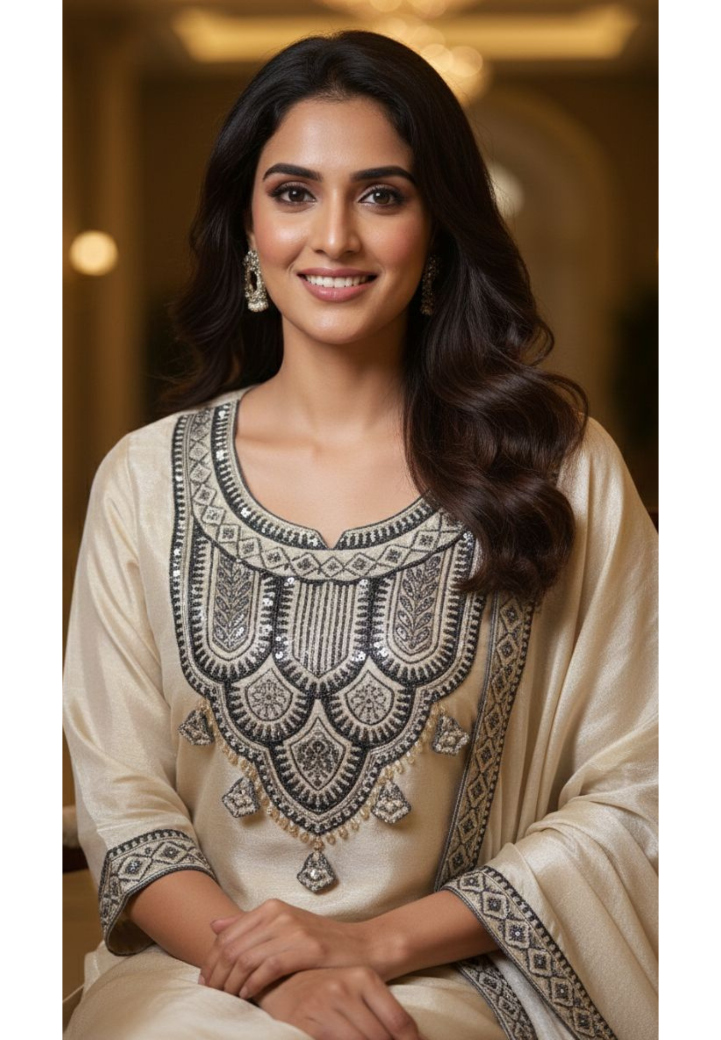 Royal Look Tasselled Tissue Straight Full Suit Set With Dupatta- 13000