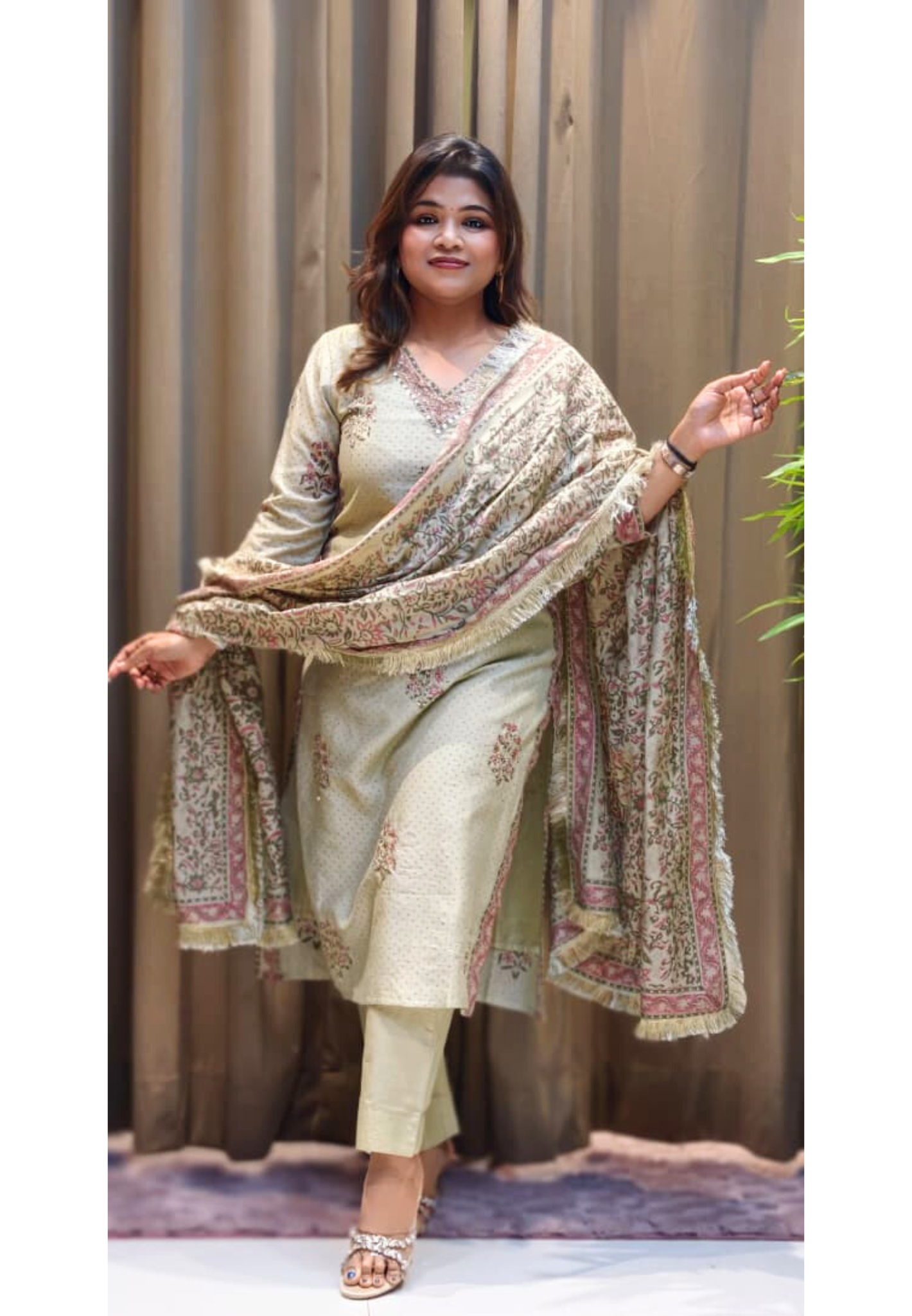 Mirror V-Neck Line Printed Chanderi Straight Full Suit Set With Dupatta- 13011