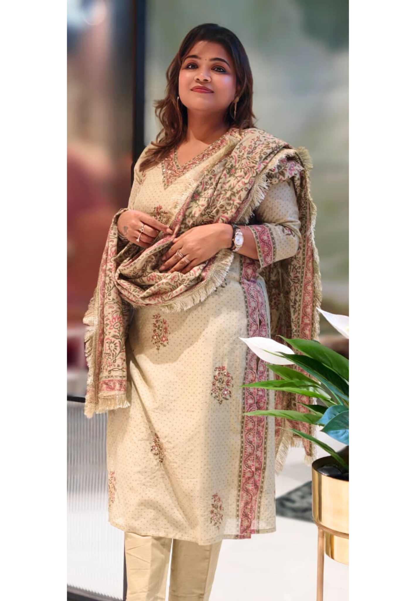 Mirror V-Neck Line Printed Chanderi Straight Full Suit Set With Dupatta- 13011