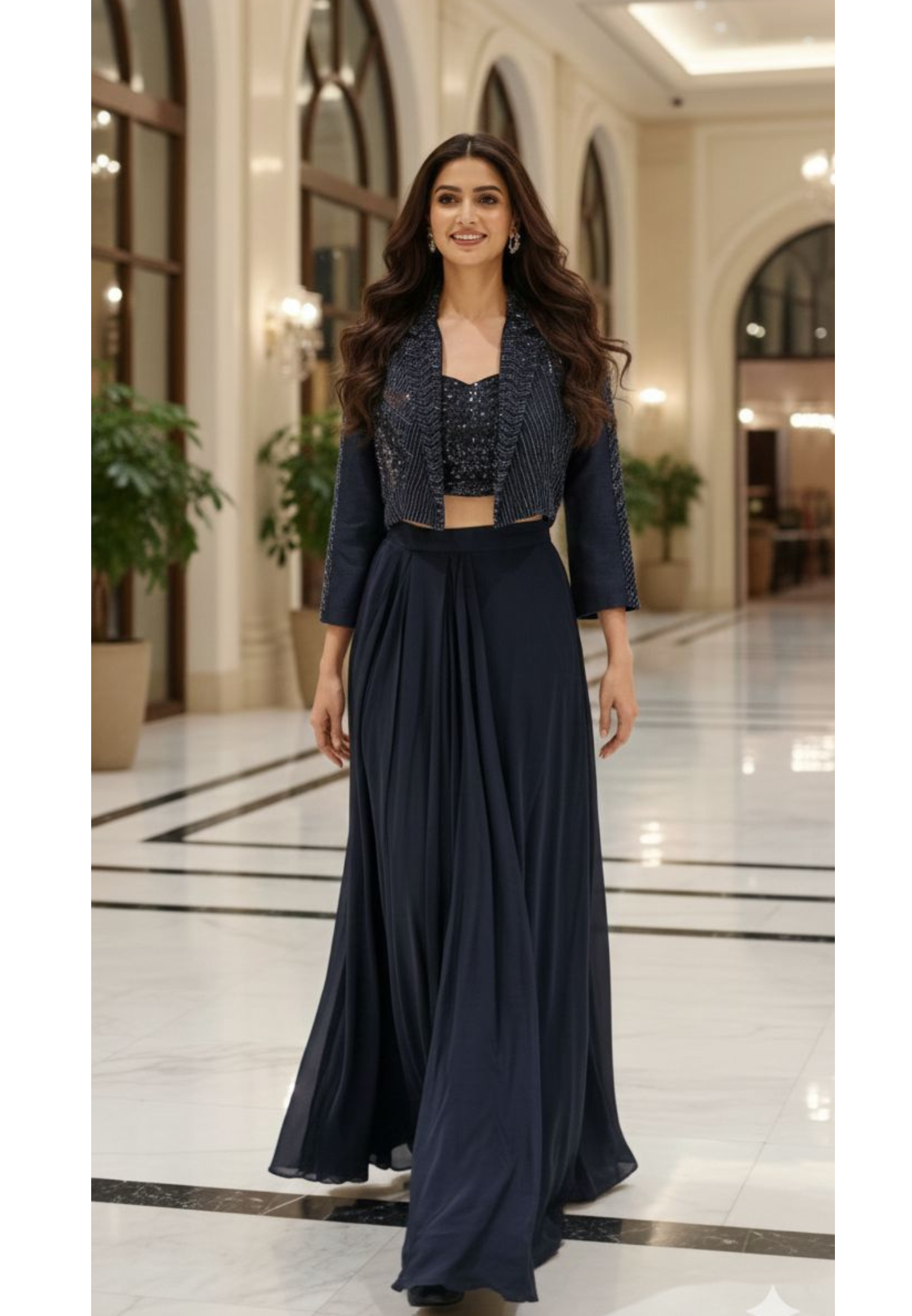 Heavily Sequined Crop-Top With Beads Embellished Jacket & Flared Skirt-13030 (Dispatching After 45 Days On Orders)