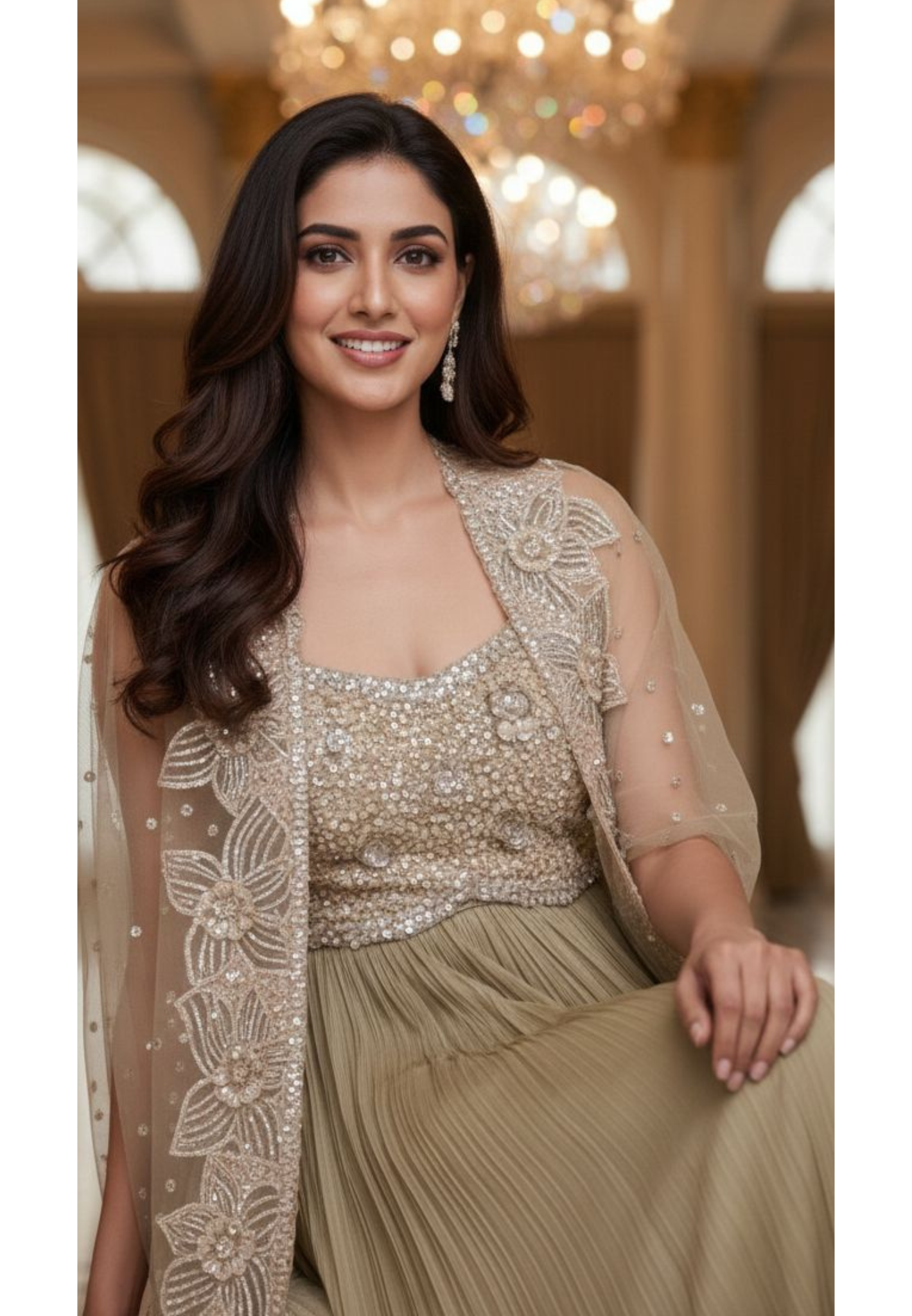 Stylish Sequence Embroidered Floral Cut Work Crop Top With Crushed Lehenga & Netted Shrug (Dispatching After 45 Days On Orders)