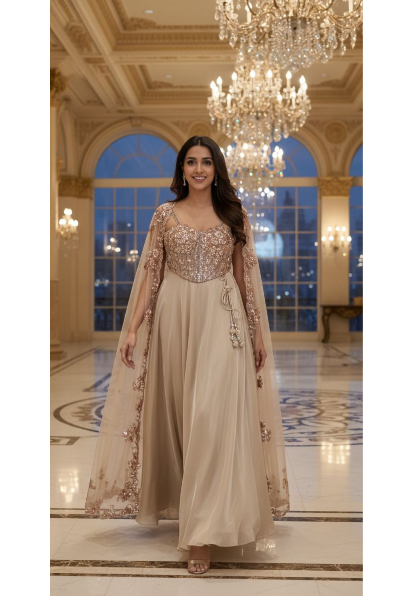 Heavily Sequined Patterned Sleeveless Crop-Top Tasseled Shiny Skirt & Bordered Shrug- 13034 (Dispatching After 45 Days On Orders)