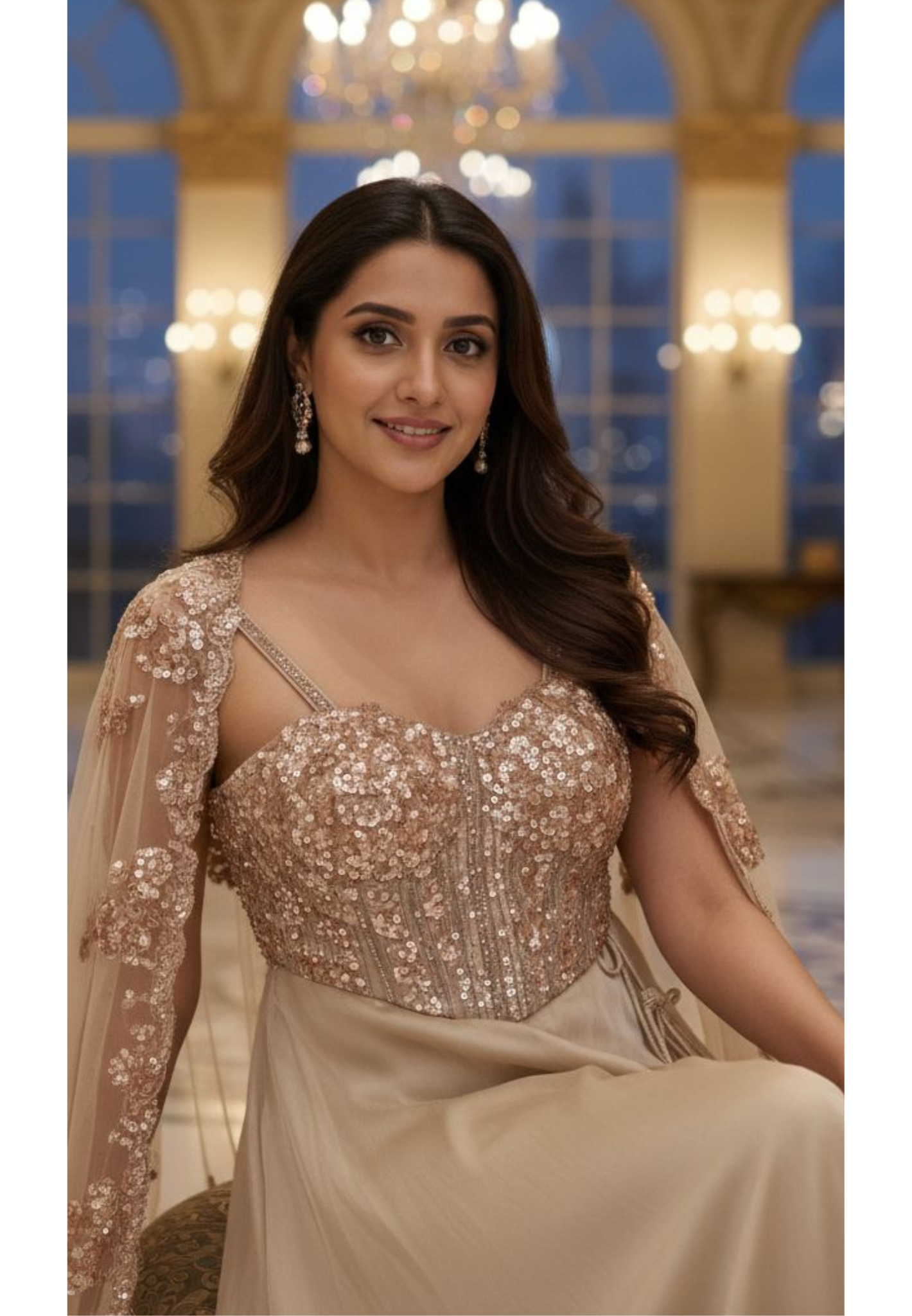 Heavily Sequined Patterned Sleeveless Crop-Top Tasseled Shiny Skirt & Bordered Shrug- 13034 (Dispatching After 45 Days On Orders)