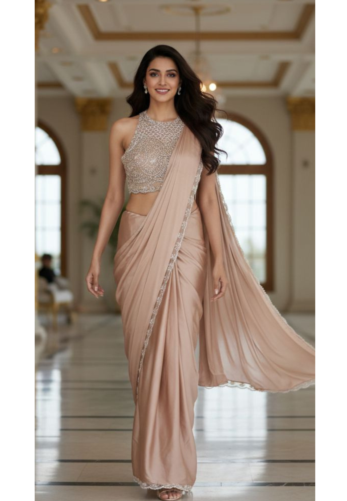 Heavily Handwork Beads Elegance With Cut Work Blouse & Beautifully Bordered Drape Saree (Dispatching After 45 Days On Orders)