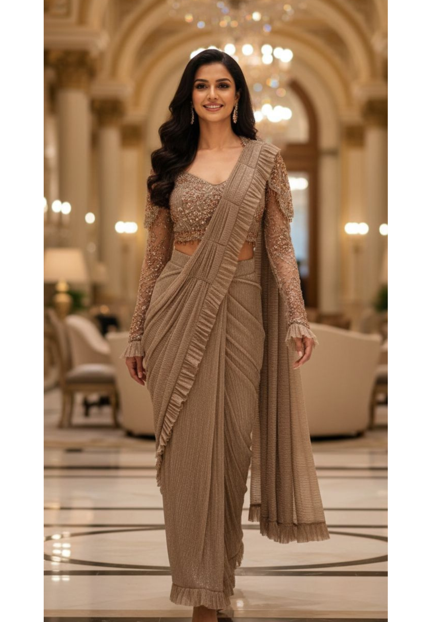 Heavily Beads Golden Tassel Real Mirror Embezzled Blouse With Ruffled Drape Saree & Cape- 13036 (Dispatching After 45 Days On Orders)