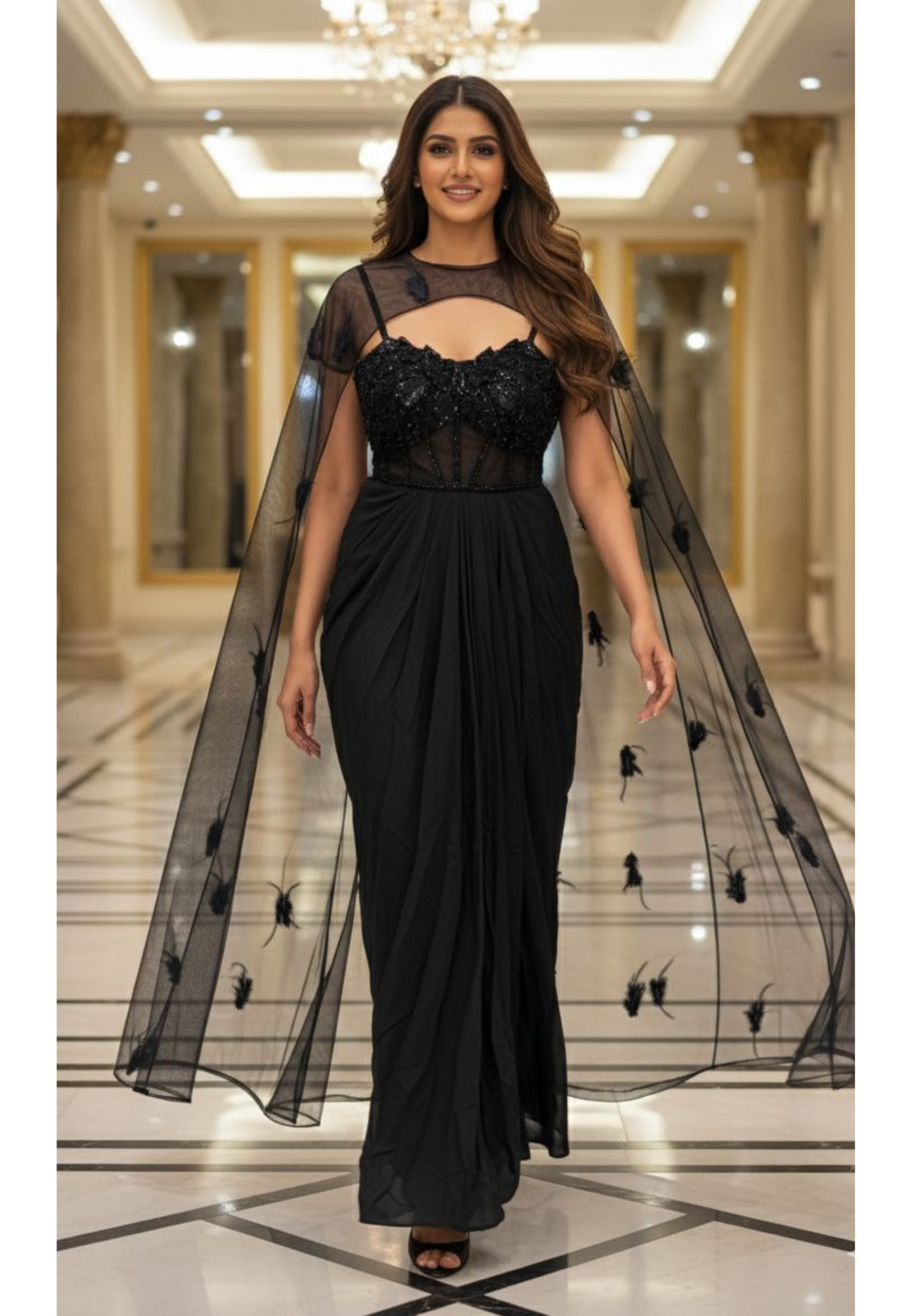 Luxury All-Black Hand-Embroidered Corset Blouse With Drape Skirt & Choker Style Cape