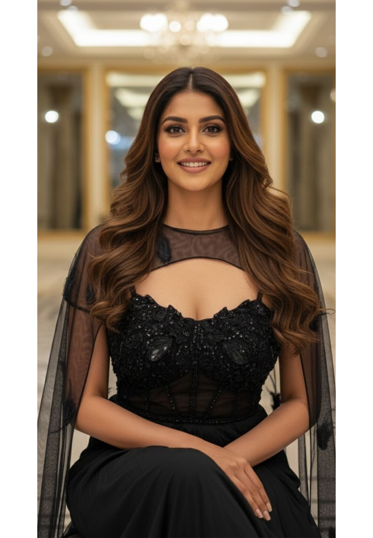 Luxury All-Black Hand-Embroidered Corset Blouse With Drape Skirt & Choker Style Cape