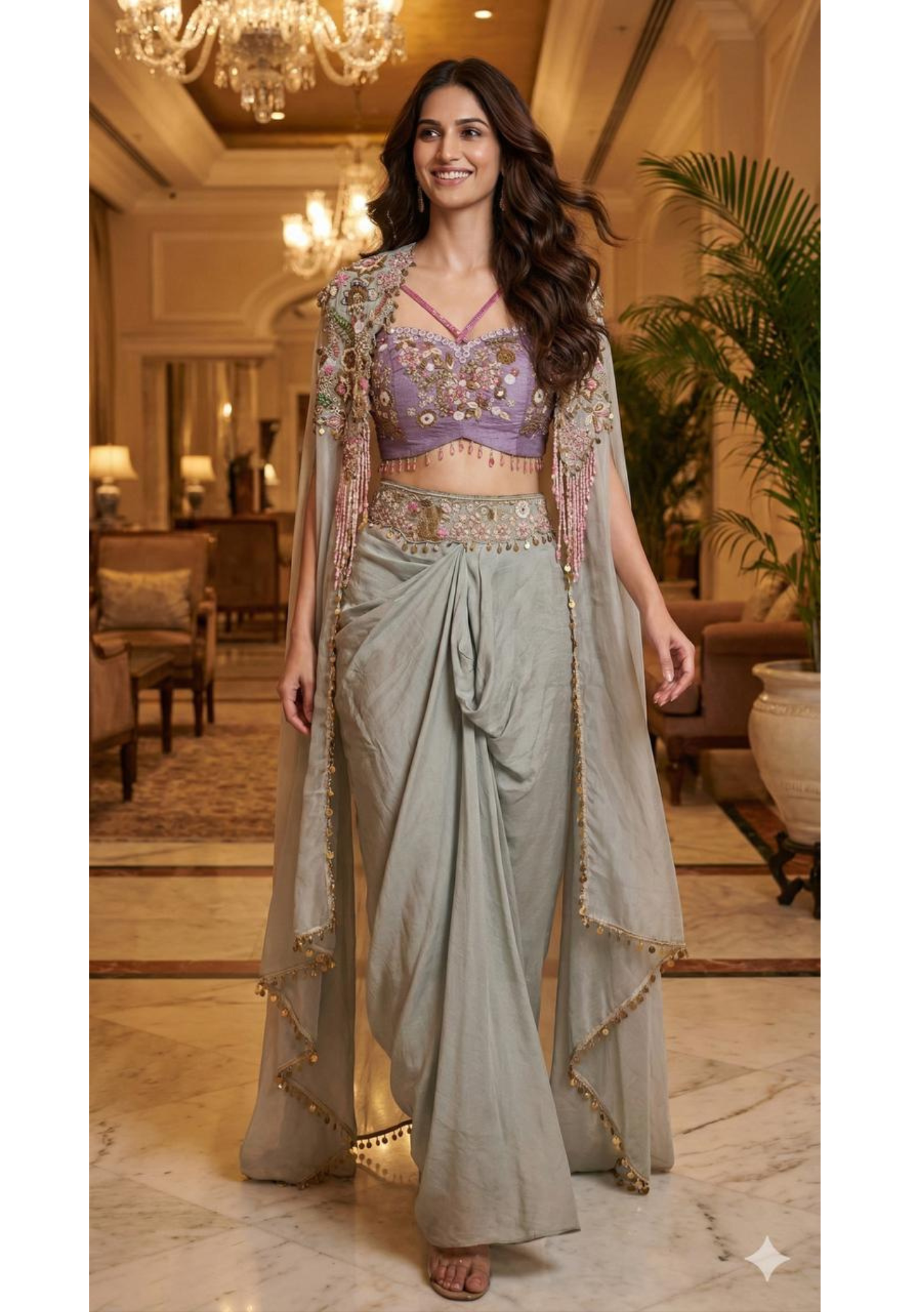 Gardenia Multicolor Highlighted Heavily Tasseled Handworked Crop Top & Cape With Drape Skirt- 13022 (Dispatching After 45 Days On Orders)