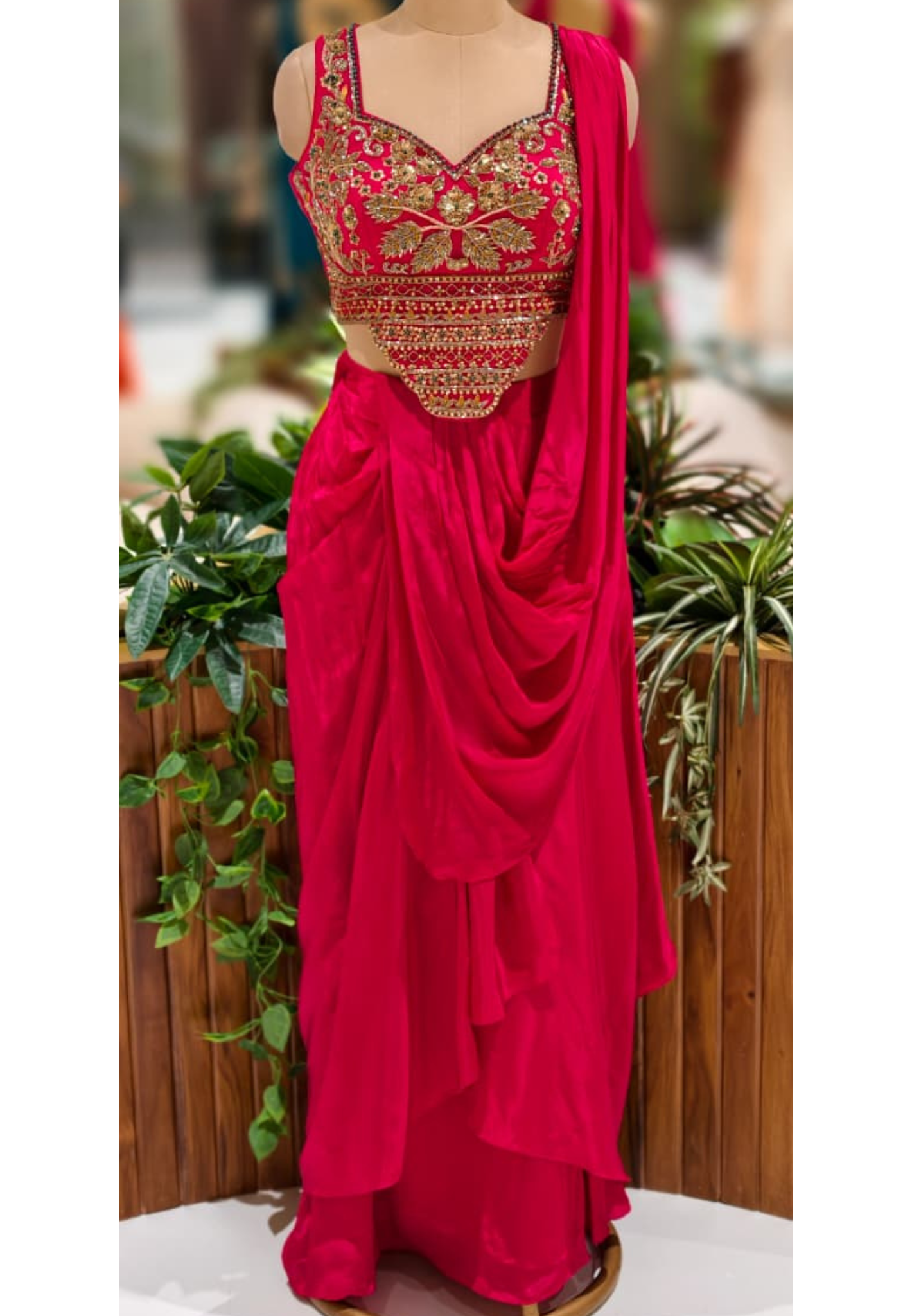 Fuchsia Blush Golden Unique Hand Worked Patterned Blouse With Flared Skirt With Attached Dupatta Look- 13032