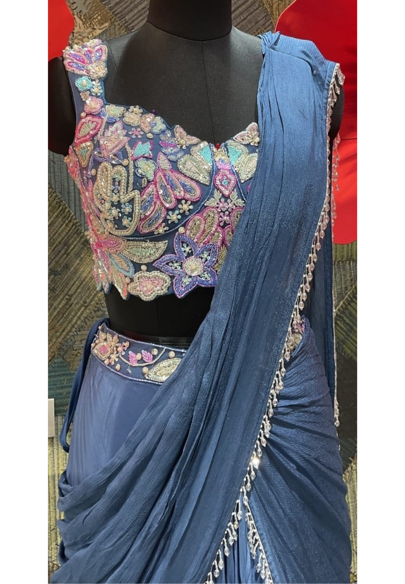 Highlighted Floral Beads Crop-Top Crystallex Pallu Flared Skirt With Cane-Cane- 13021