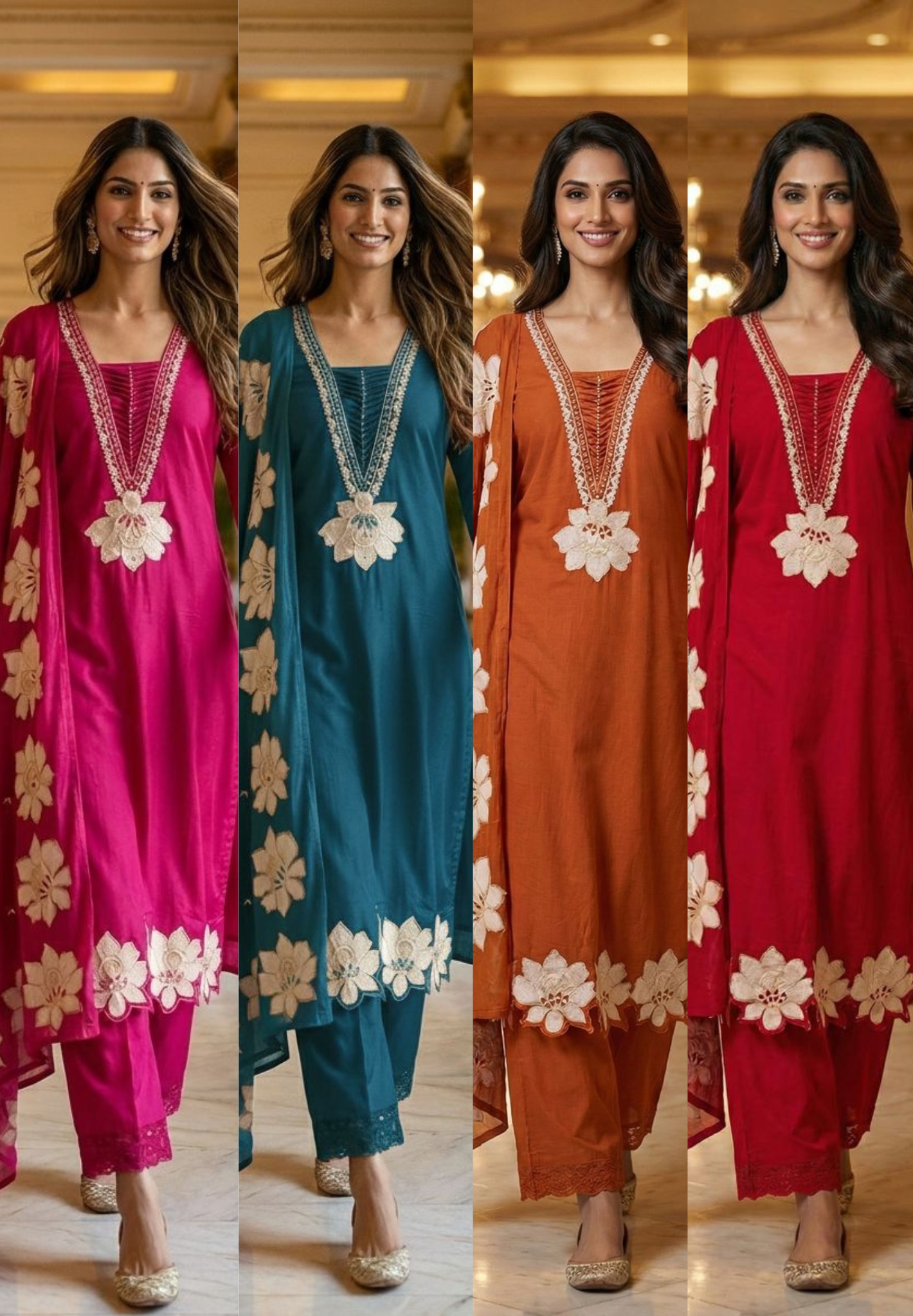 Floral Cut-Work Unique Pleated V-Neck Line Cotton Full Suit Set With Dupatta- 13007