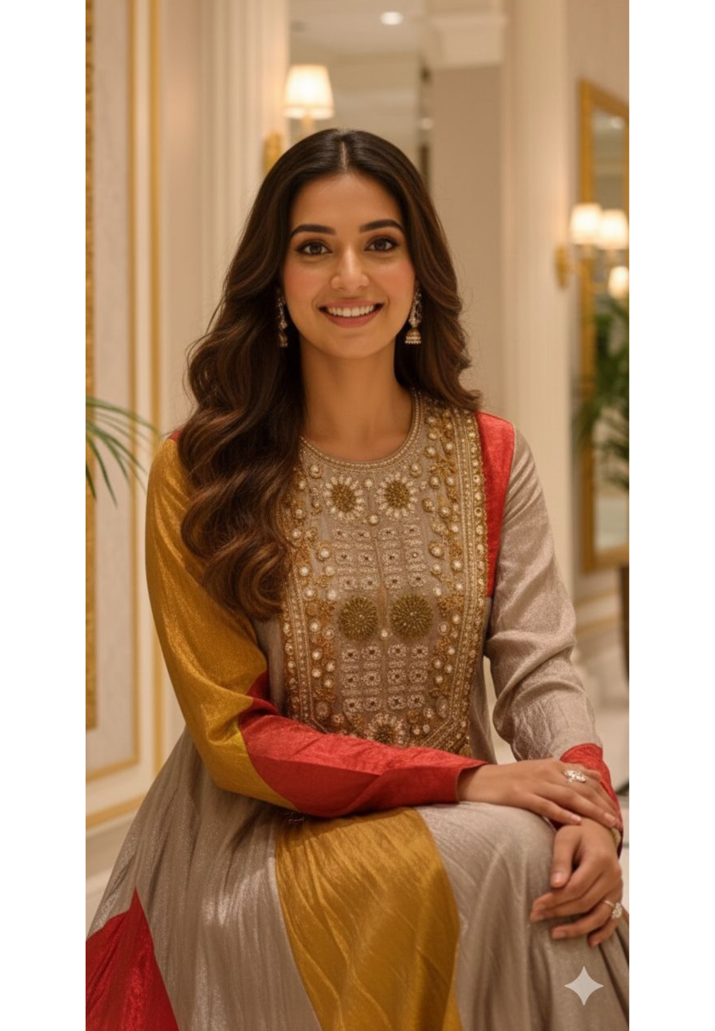 Regal Luxe Zardosi Premium Tissue Multicolored Heavily Flared Gown