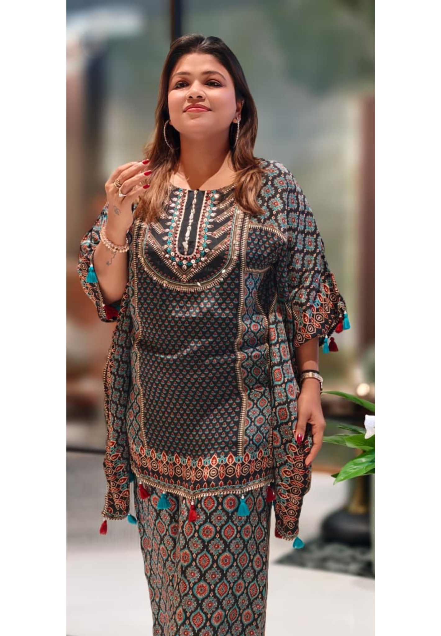 Ajrak Print Very Stylish Tasseled Kaftan Style Kurta With Loose Palazzo Bottom In Crepe Fabric-13067