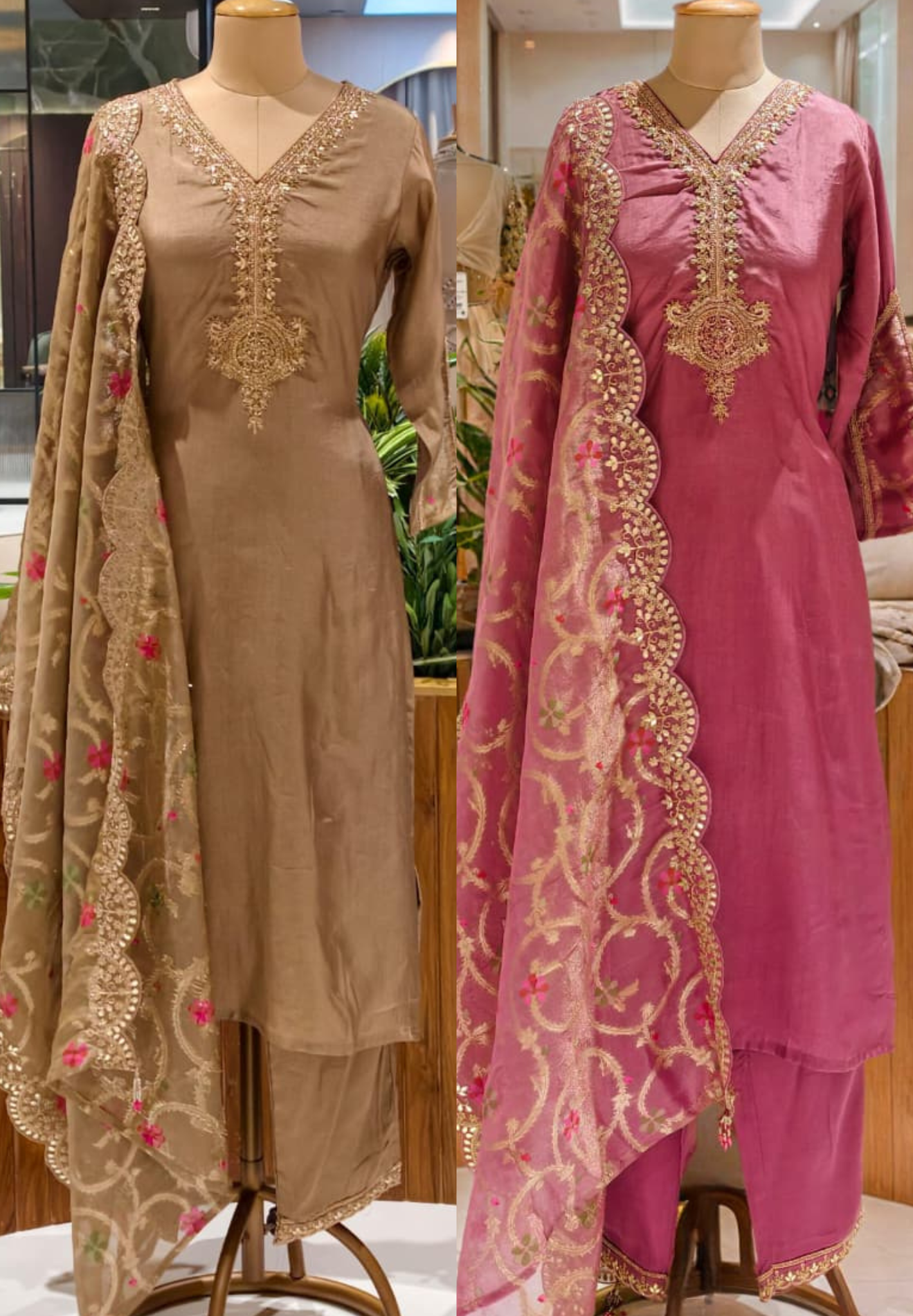 Kundan Look Golden Zardosi Work Cut-Work Grand Floral Dupatta Tissue Full Suit Set- 13050