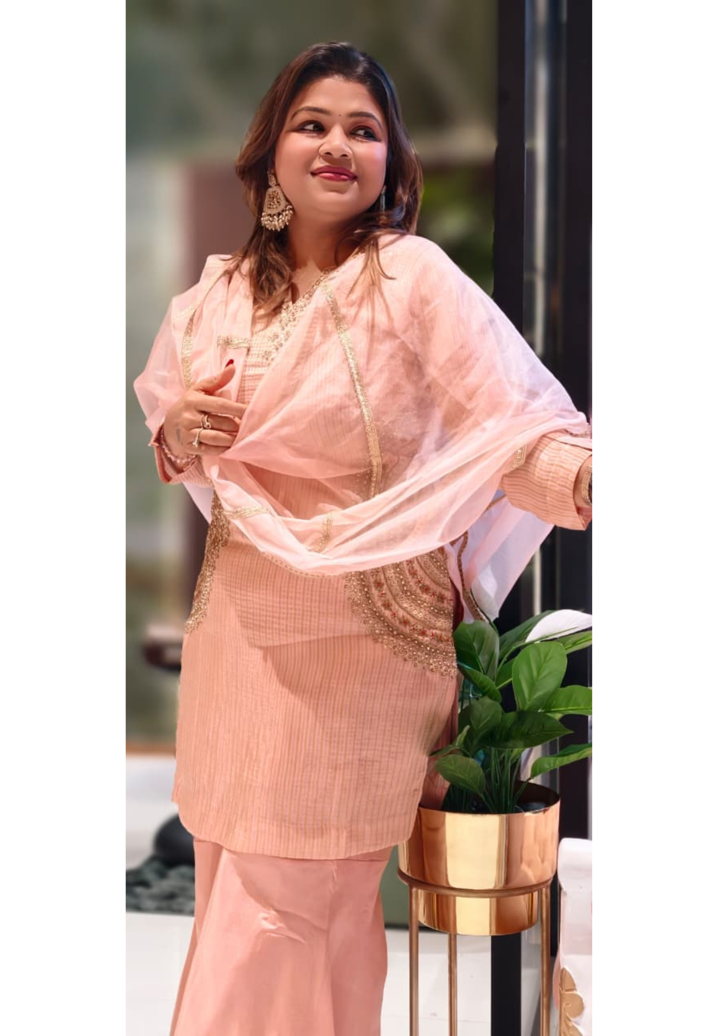 Fine Zardosi Work Golden Striped Full Suit Set With Tapered Palazzo Bottom & Dupatta In Tissue Fabric- 13056