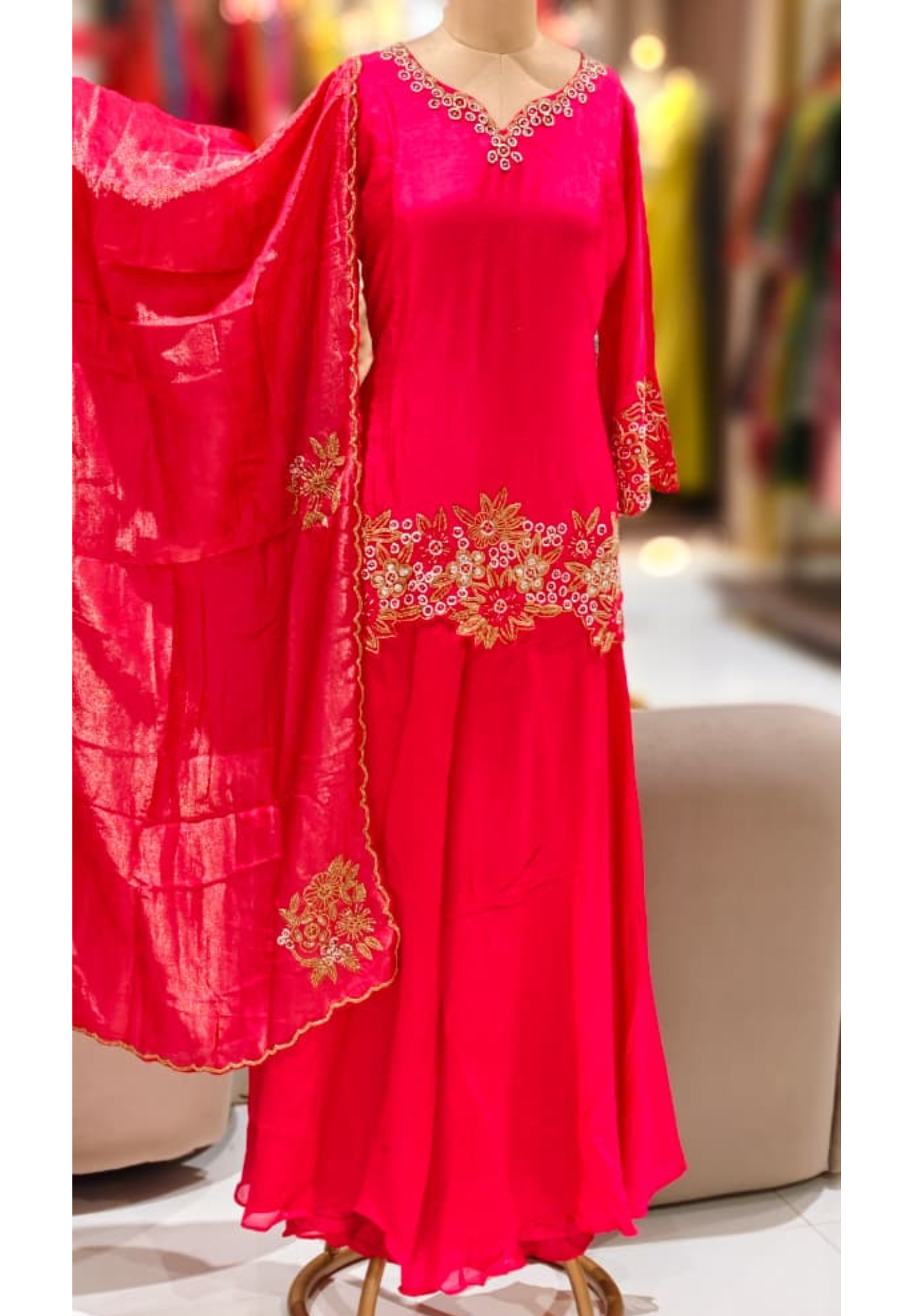 Tiny Pearl With Cut-Dana Spiral Work Tissue Full Suit Set With Dupatta & Loose Palazzo Bottom- 12732