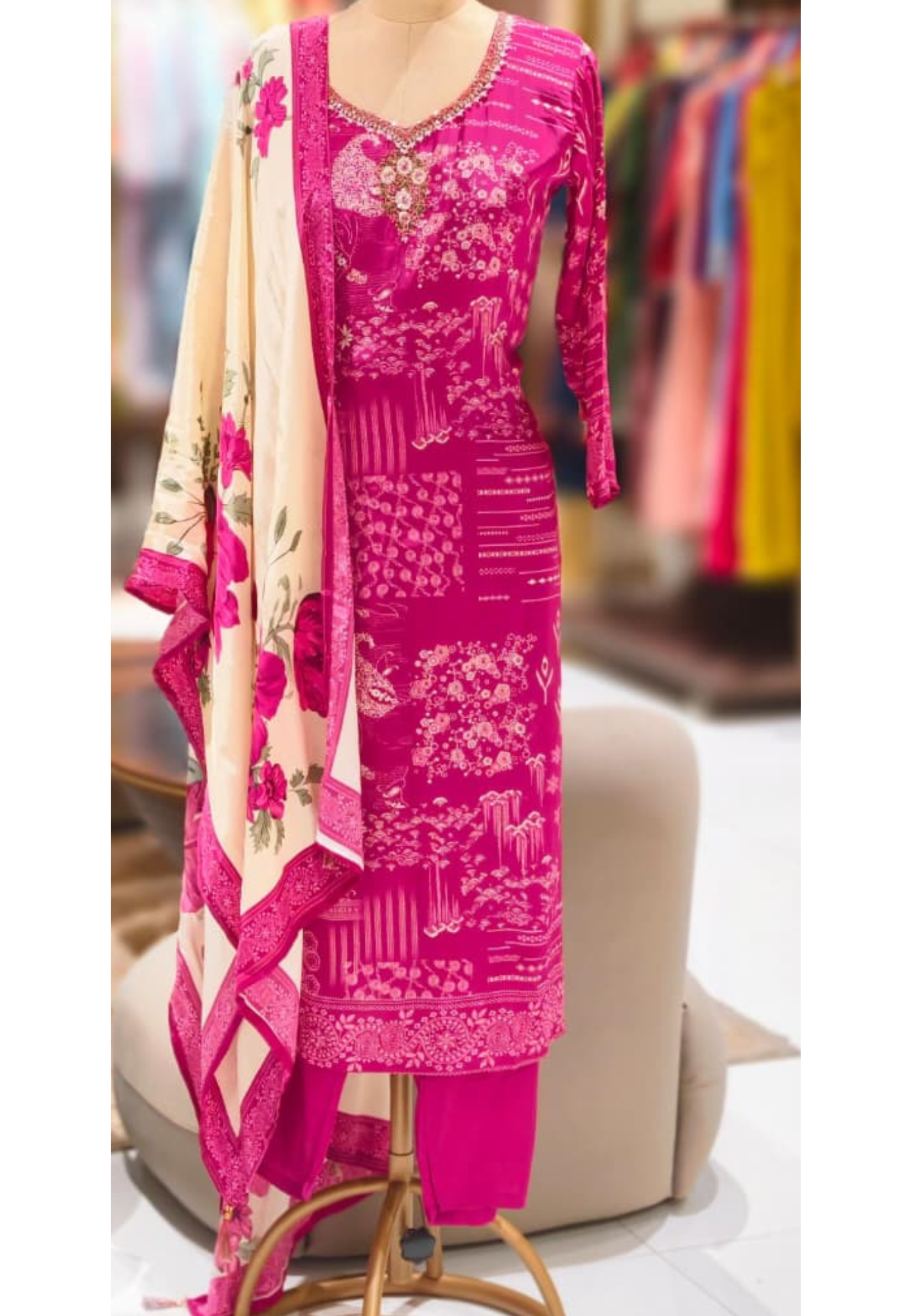 Multi Printed Fine Floral Beautiful Neck Line Crepe Full Suit Set With Floral Dupatta- 13063