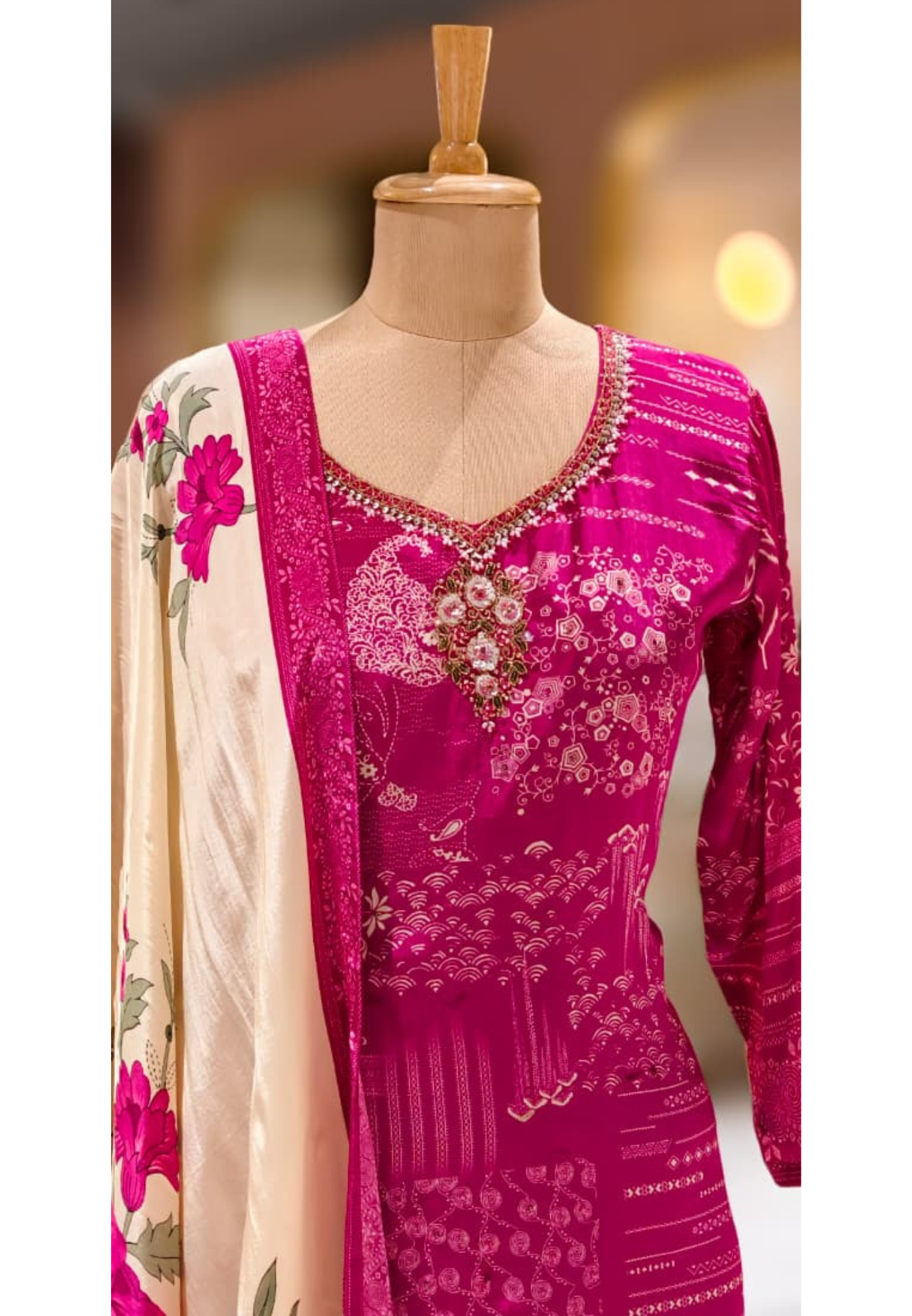 Multi Printed Fine Floral Beautiful Neck Line Crepe Full Suit Set With Floral Dupatta- 13063