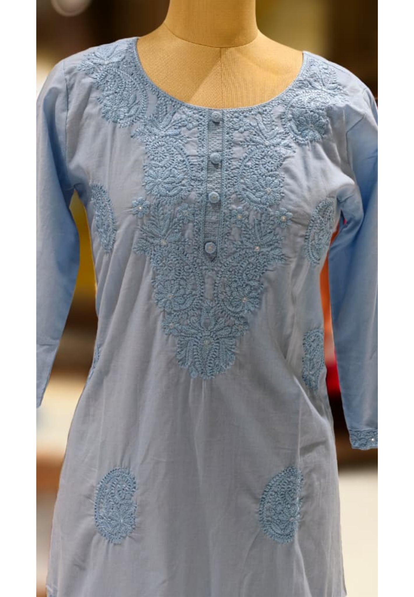 Chikankari Pastel Shade Buttoned Cotton Kurti Only- 13060